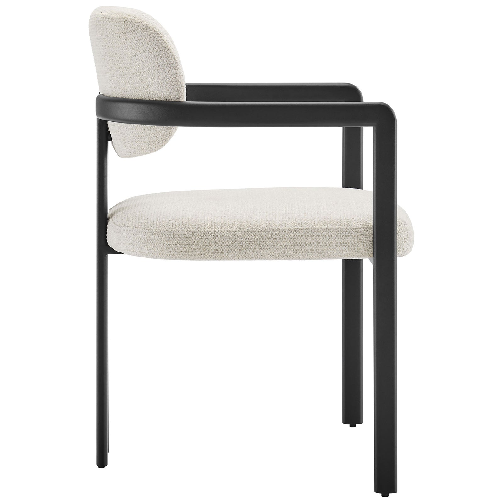 Cream barrel dining chair with slim black metal frame, padded seat, and gently curved backrest || EEI-7229-BLK-CRE || side_studio