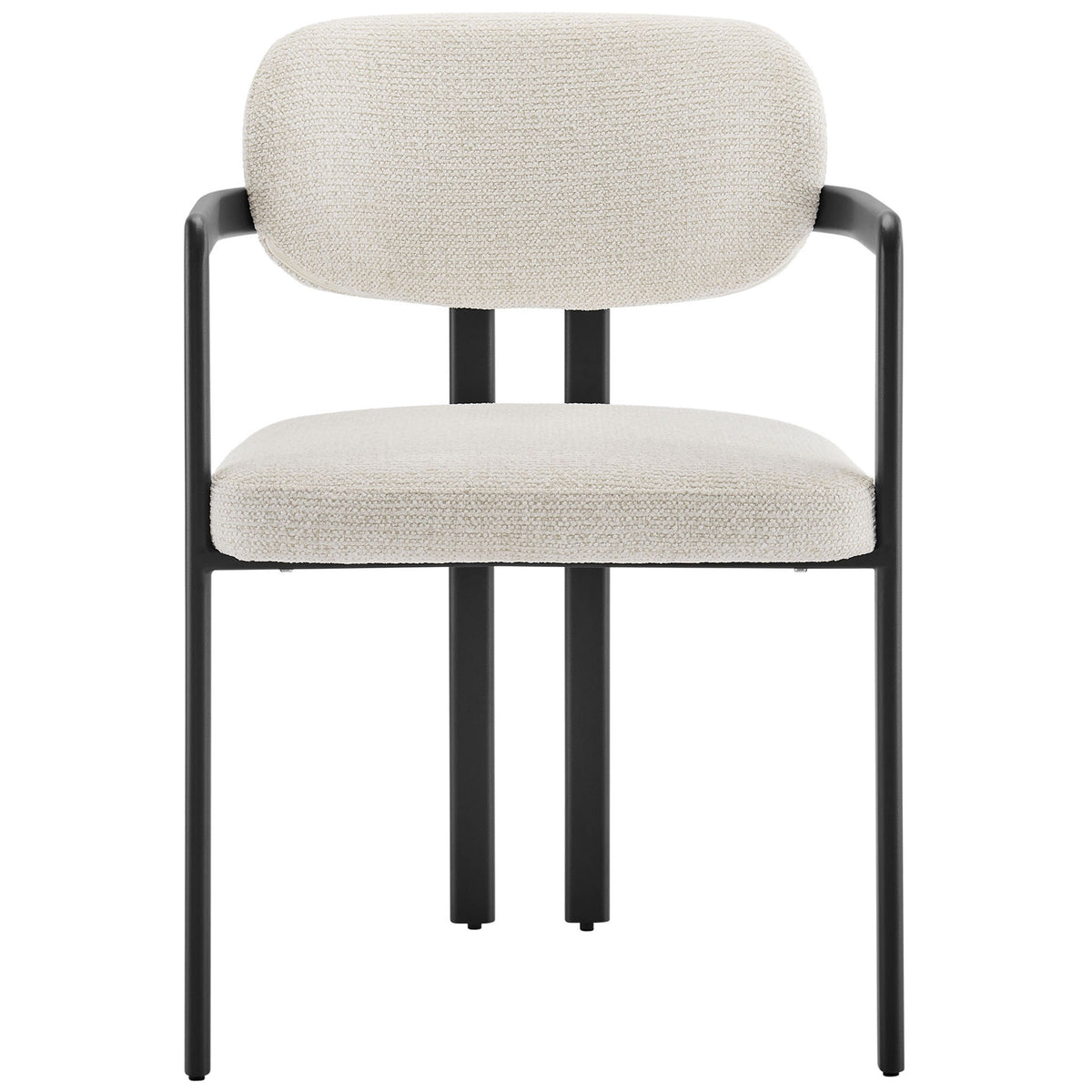 Modern barrel dining chair with cream textured upholstery and sleek black metal frame || EEI-7229-BLK-CRE || front_studio