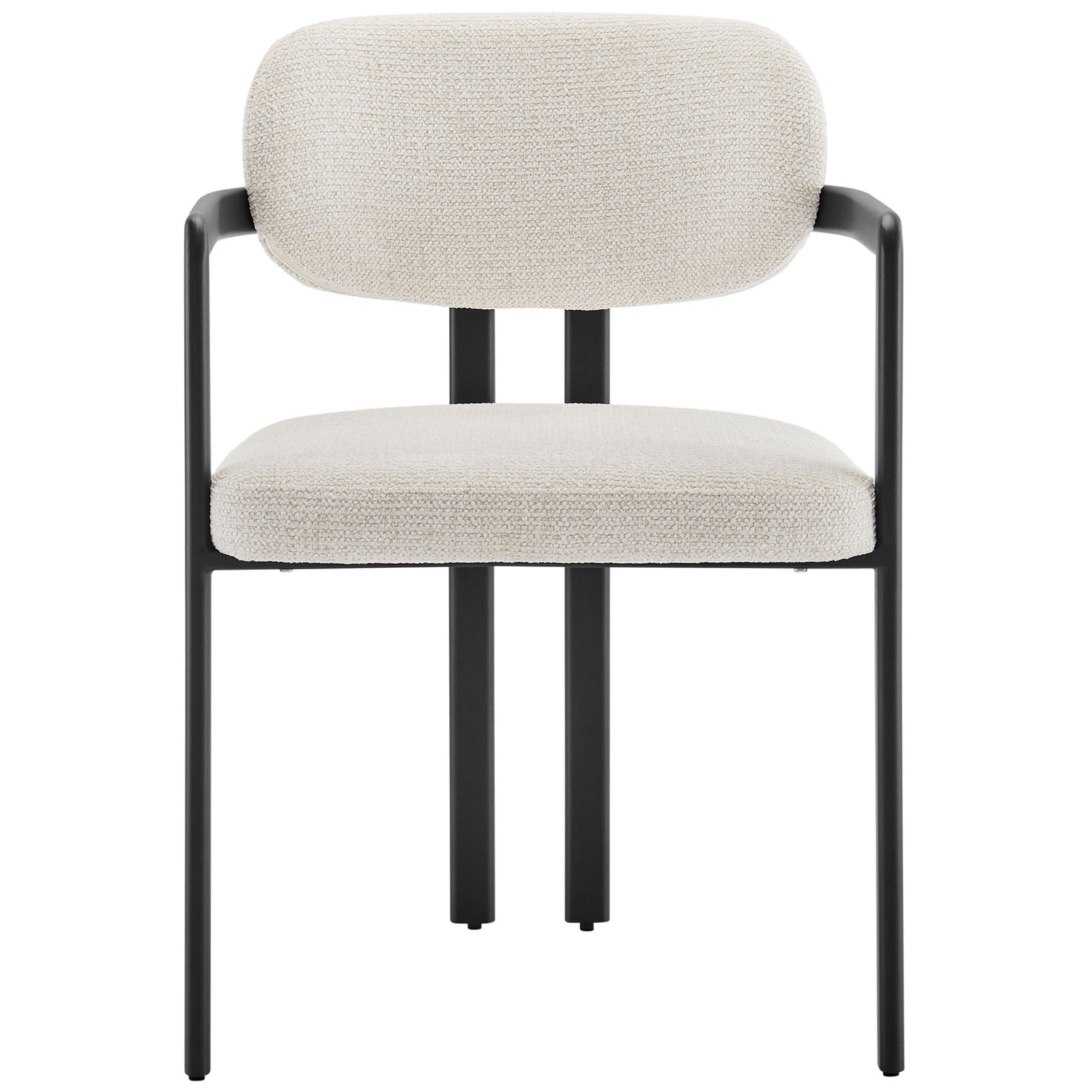 Modern barrel dining chair with cream textured upholstery and sleek black metal frame || EEI-7229-BLK-CRE || front_studio