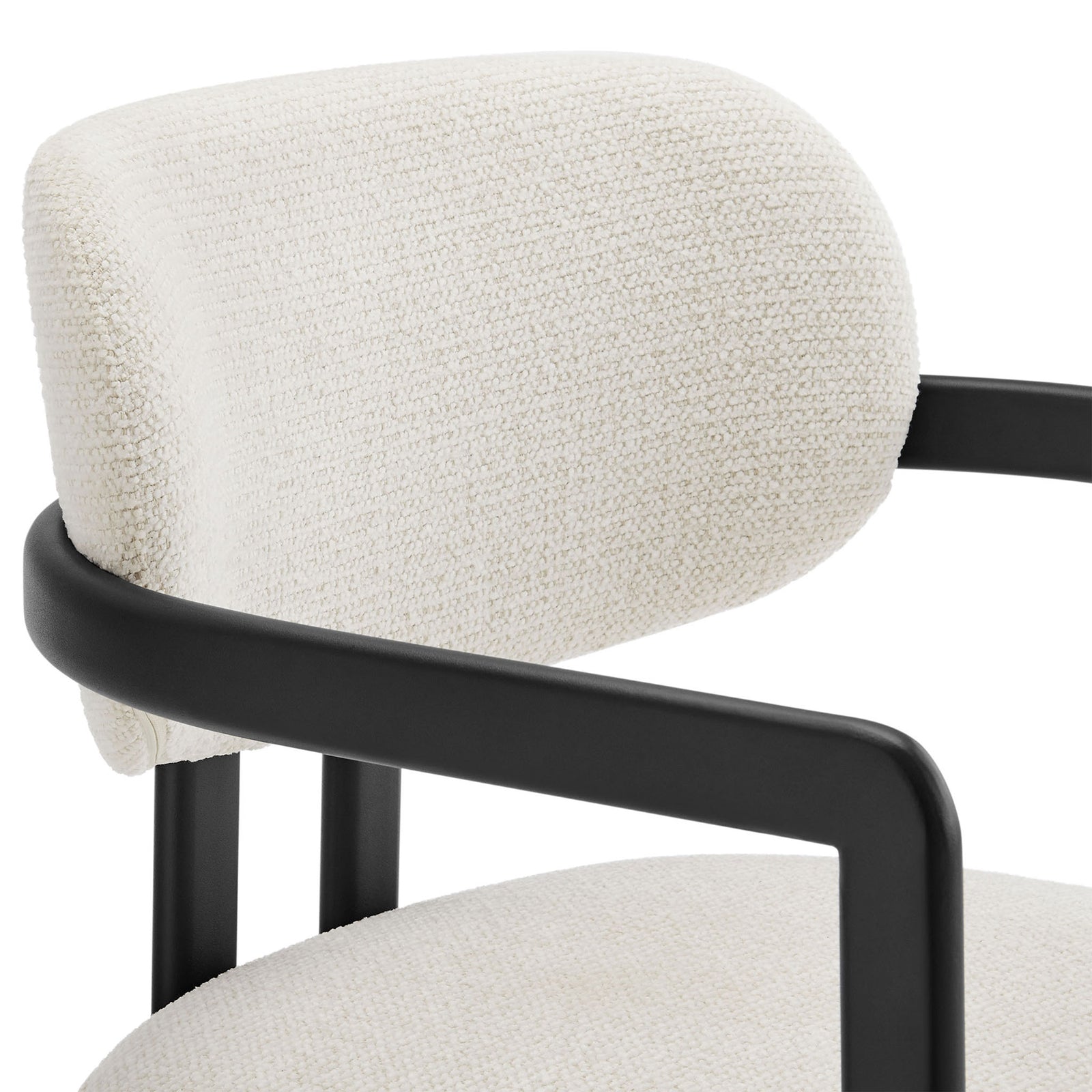 Rounded back cushion highlights the soft, textured cream woven upholstery of the chair || EEI-7229-BLK-CRE || detail_studio
