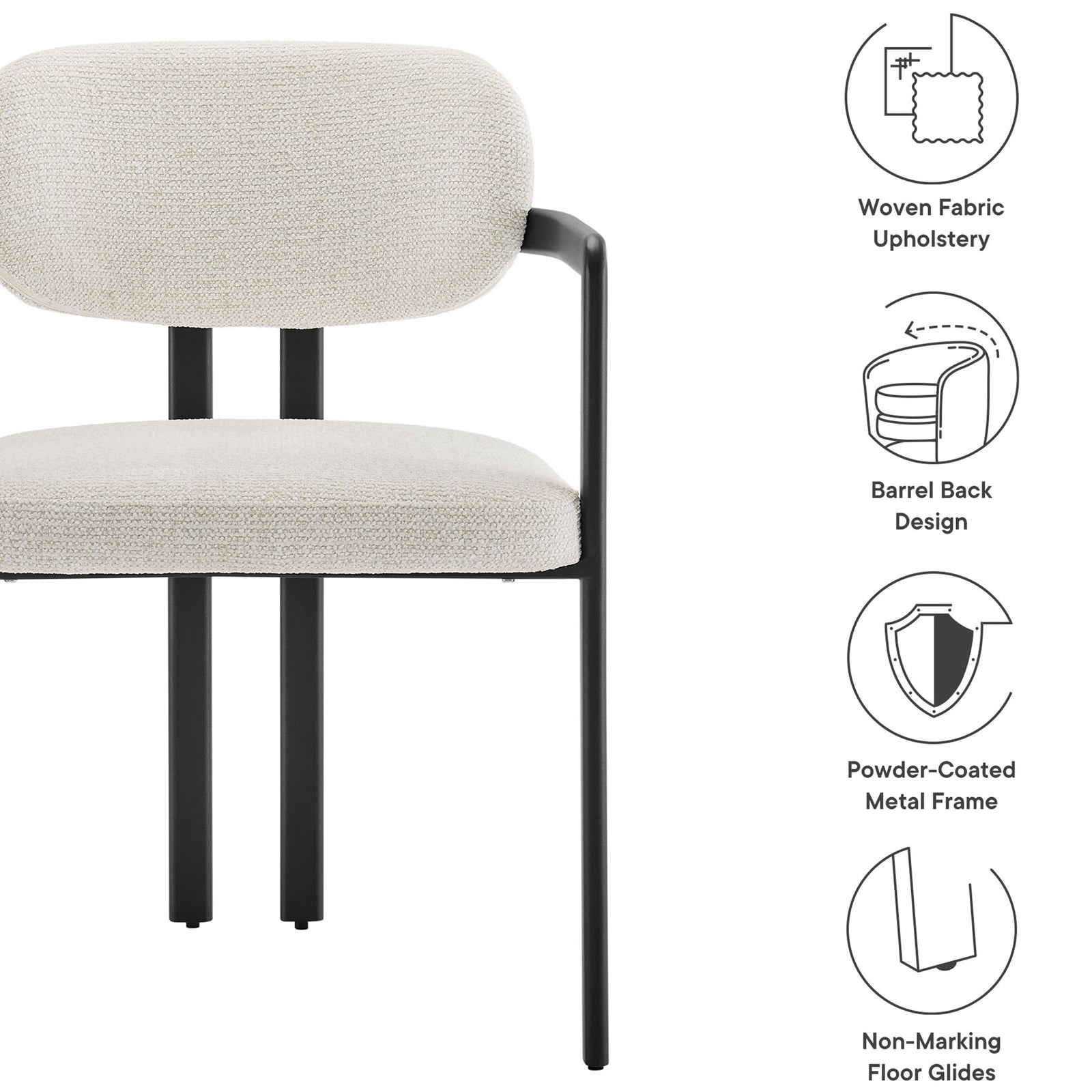 Feature highlights of the cream barrel dining chair including woven fabric, metal frame, and floor-protecting glides || EEI-7229-BLK-CRE || callout_studio