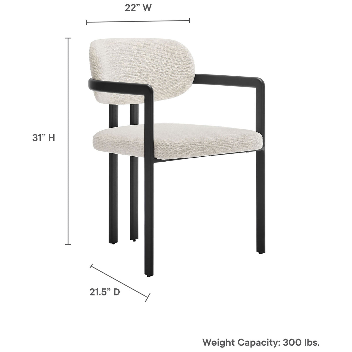 Dimension diagram of the cream upholstered barrel dining chair with black metal frame || EEI-7229-BLK-CRE || dimension_studio