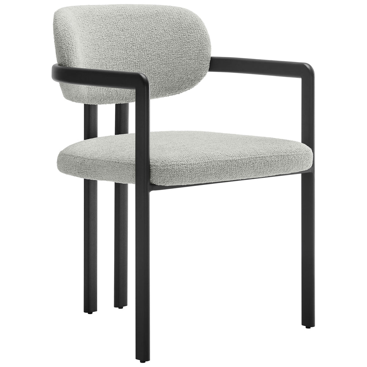 Modern gray woven fabric dining chair with open back and slim black metal arms and legs || EEI-7229-BLK-DOV || front_angle_studio