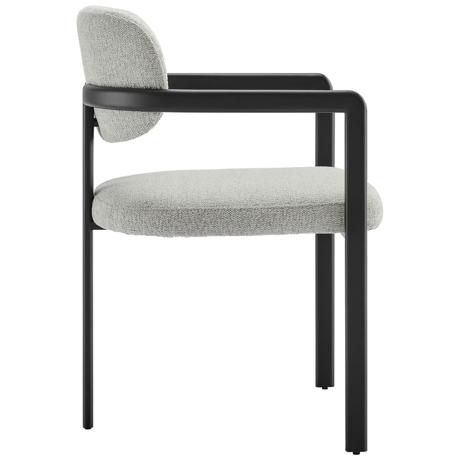 Barrel-style dining chair showing generous seat depth and curved gray backrest on black frame || EEI-7229-BLK-DOV || side_studio
