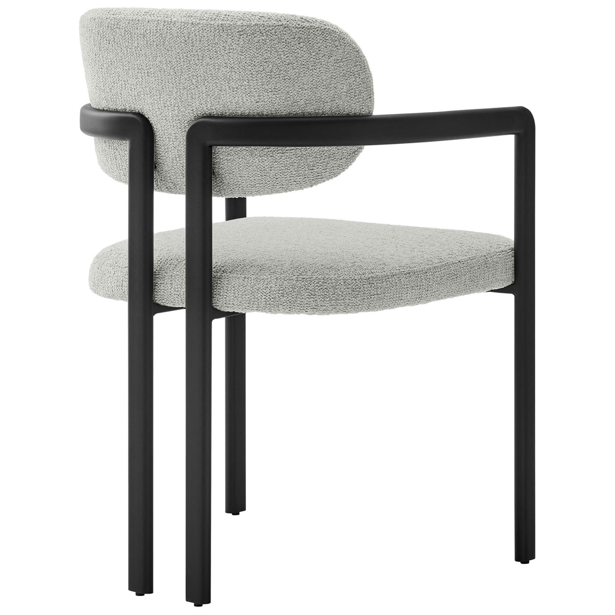 Open-back barrel chair design with wraparound gray upholstery and sturdy black metal base || EEI-7229-BLK-DOV || back_angle_studio