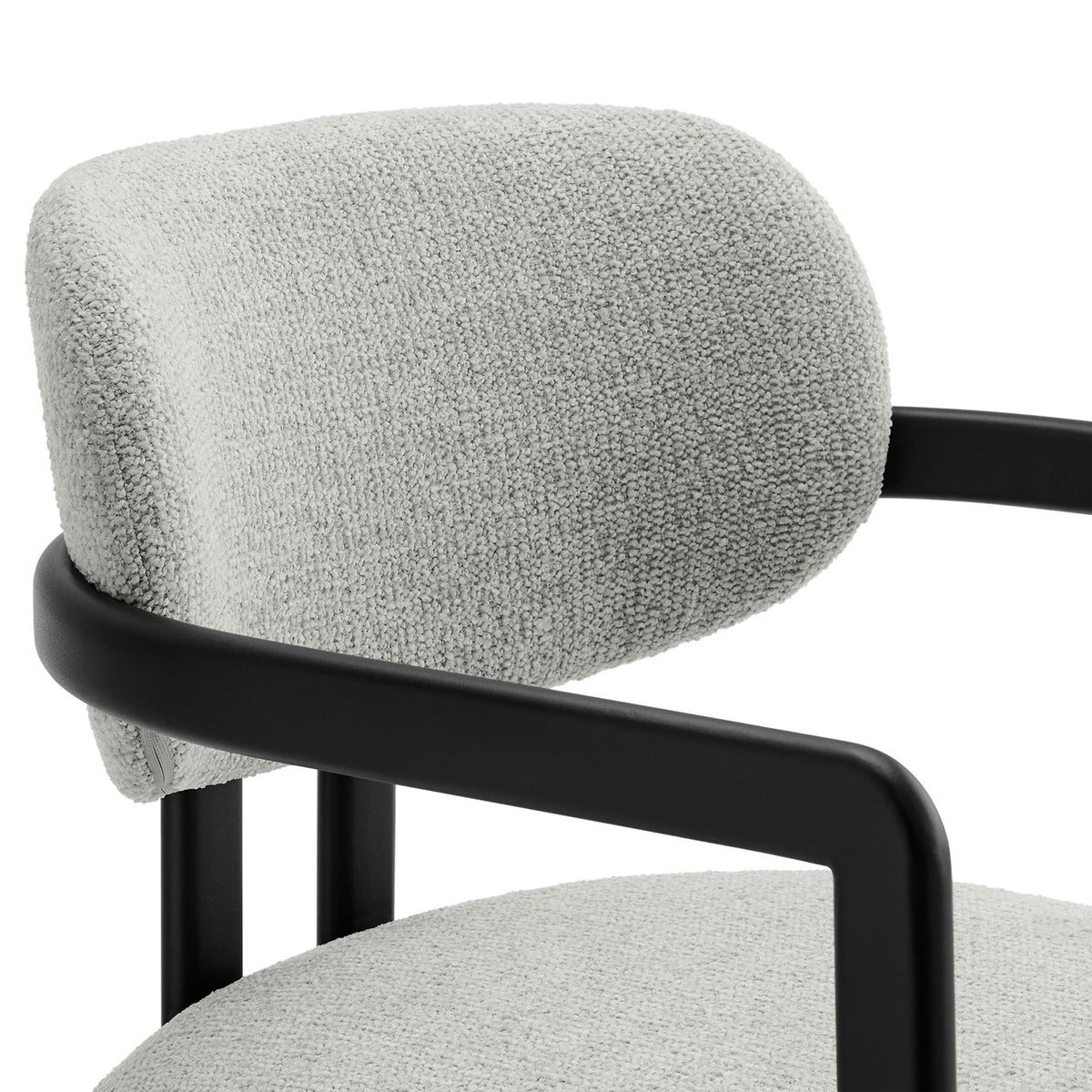 Textured gray barrel back and smooth black armrest highlighting the chair's cozy woven fabric || EEI-7229-BLK-DOV || detail_studio