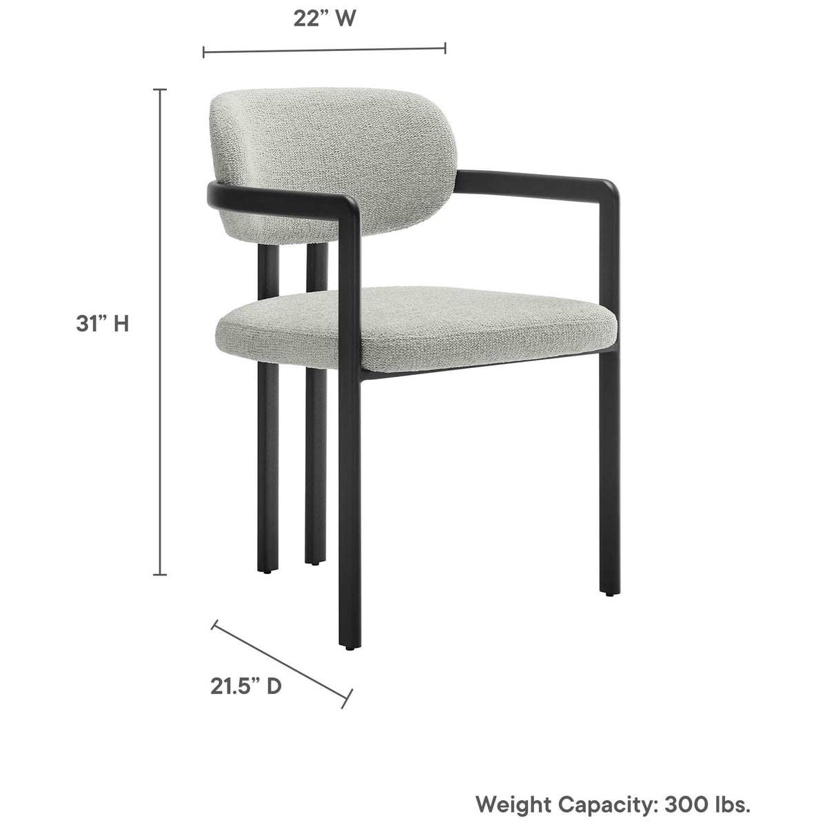 Elio dining chair with labeled dimensions and 300 lb weight capacity text on a clean white background || EEI-7229-BLK-DOV || dimension_studio