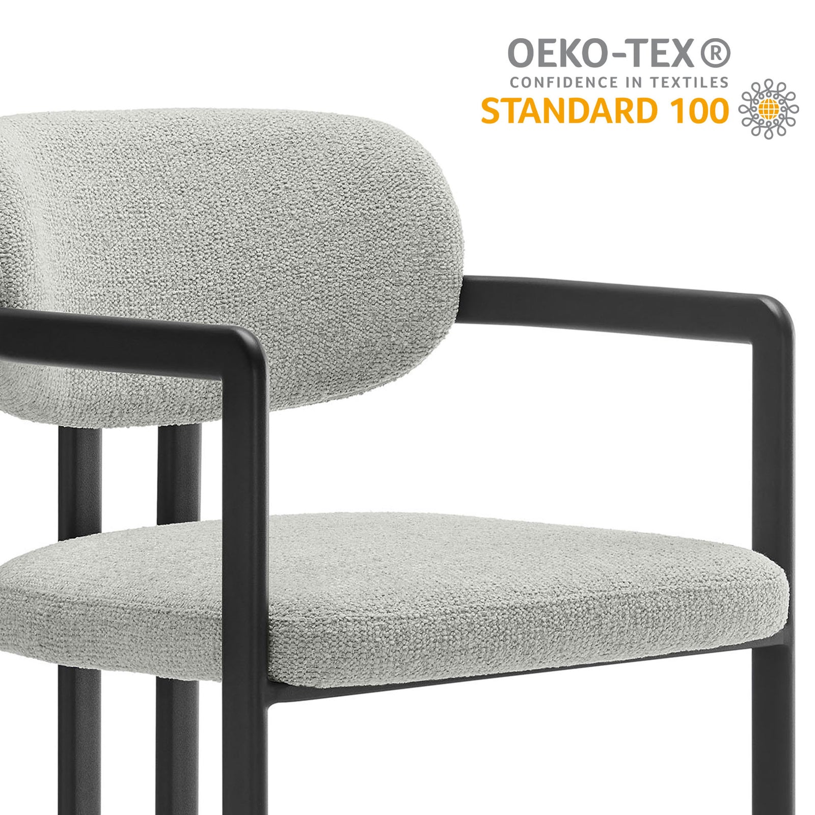 Partial view of Elio dining chair beside OEKO-TEX Standard 100 certification graphic || EEI-7229-BLK-DOV || callout_studio