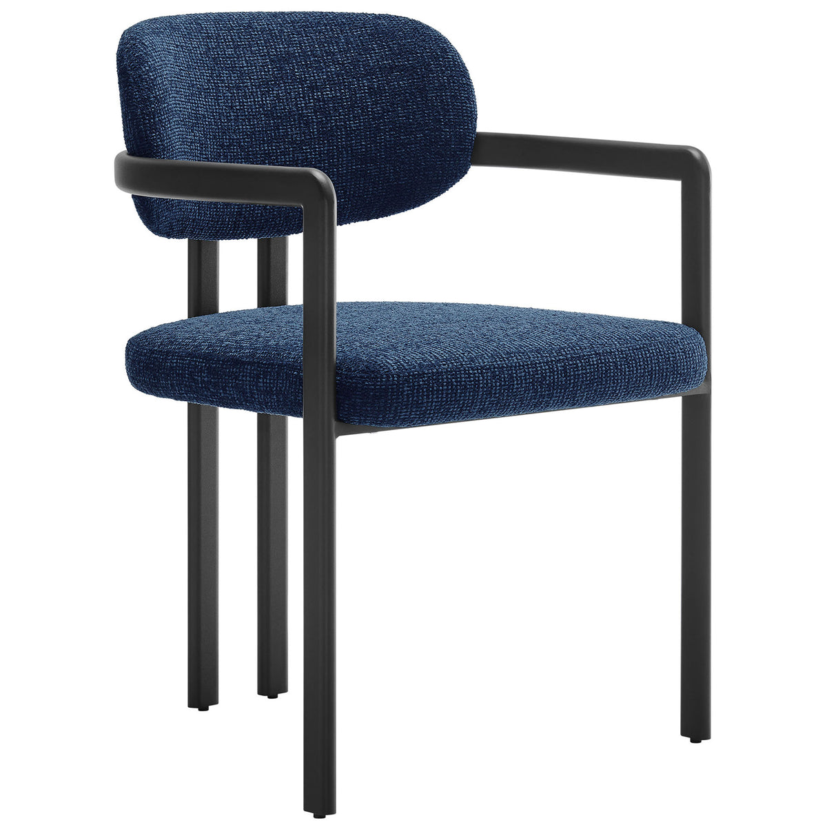Barrel back dining chair with open sides and slim black metal legs in rich navy fabric. || EEI-7229-BLK-NAV || front_angle_studio