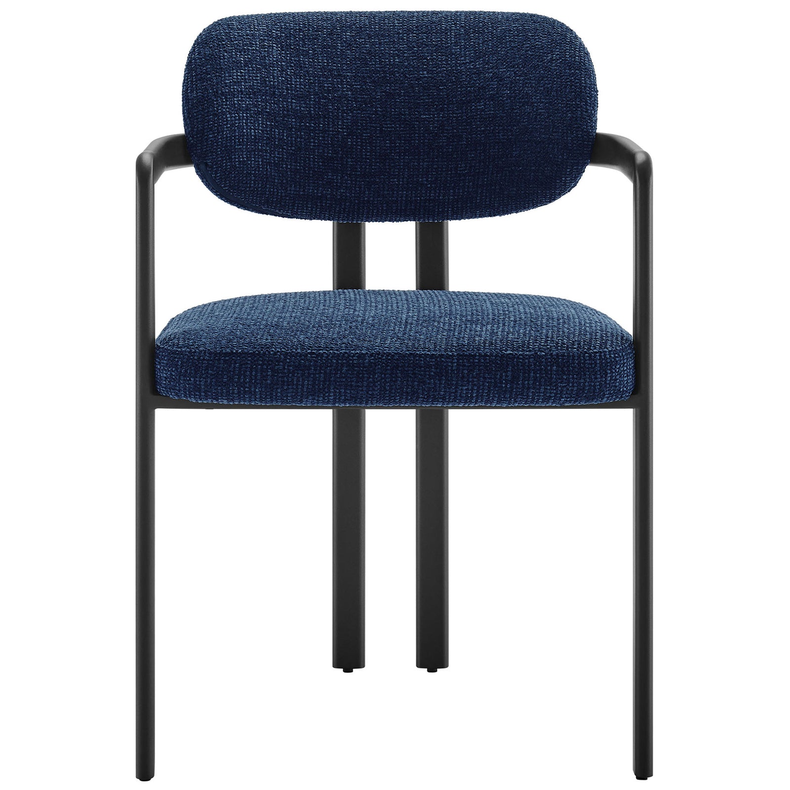 Navy barrel dining chair with plush textured upholstery and clean black metal frame. || EEI-7229-BLK-NAV || front_studio