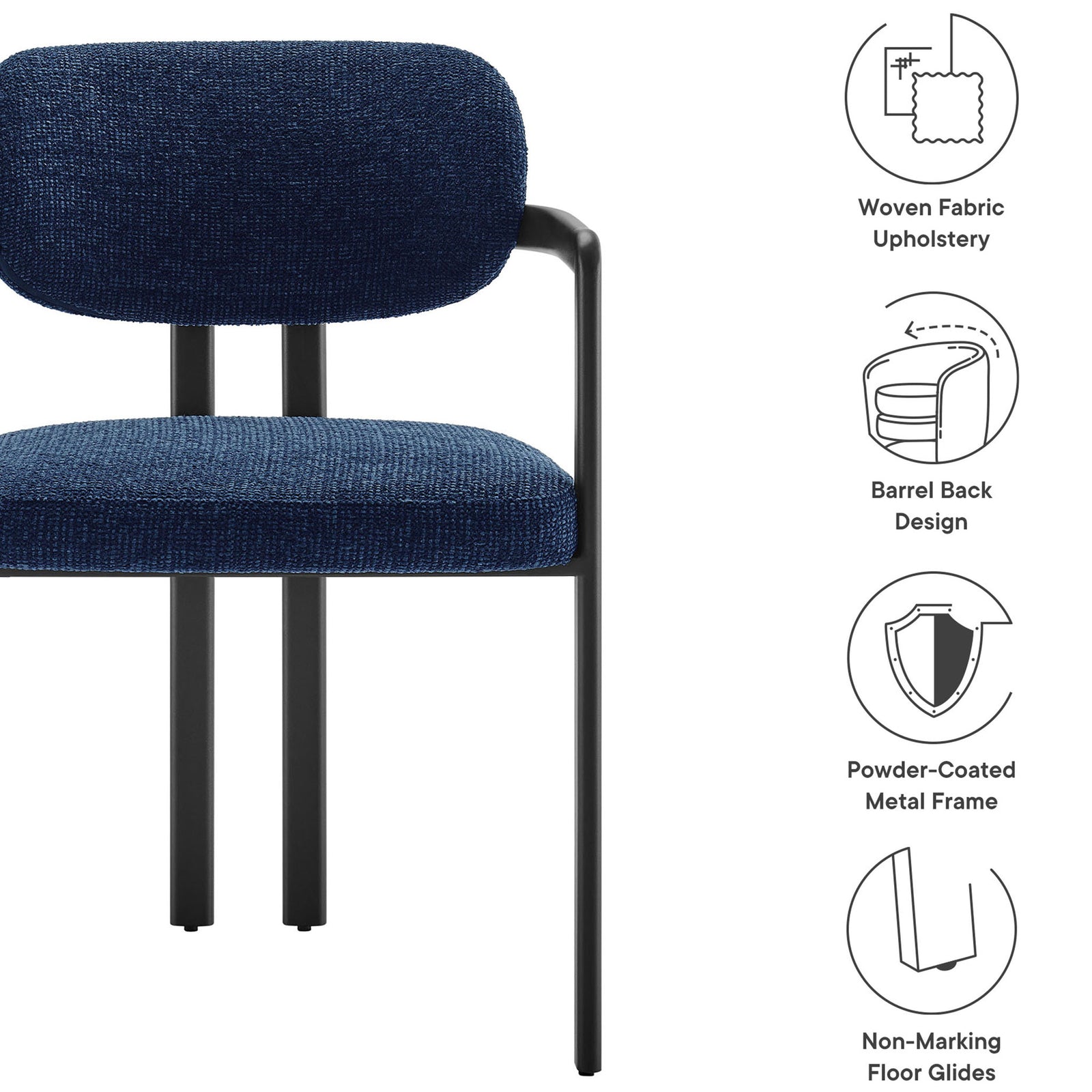 Highlighted features of the navy barrel chair, including upholstery, metal frame, and non-marking floor glides. || EEI-7229-BLK-NAV || callout_studio