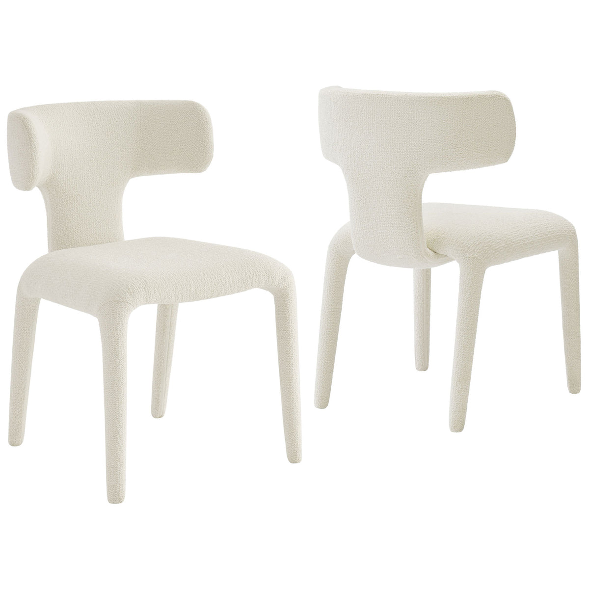 Set of two cream boucle dining chairs with sculpted curved backs and fully upholstered legs || EEI-7230-CRE || front_angle_multi_studio