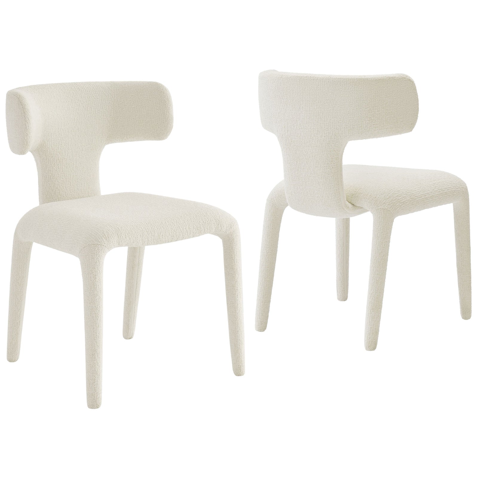 Set of two cream boucle dining chairs with sculpted curved backs and fully upholstered legs || EEI-7230-CRE || front_angle_multi_studio