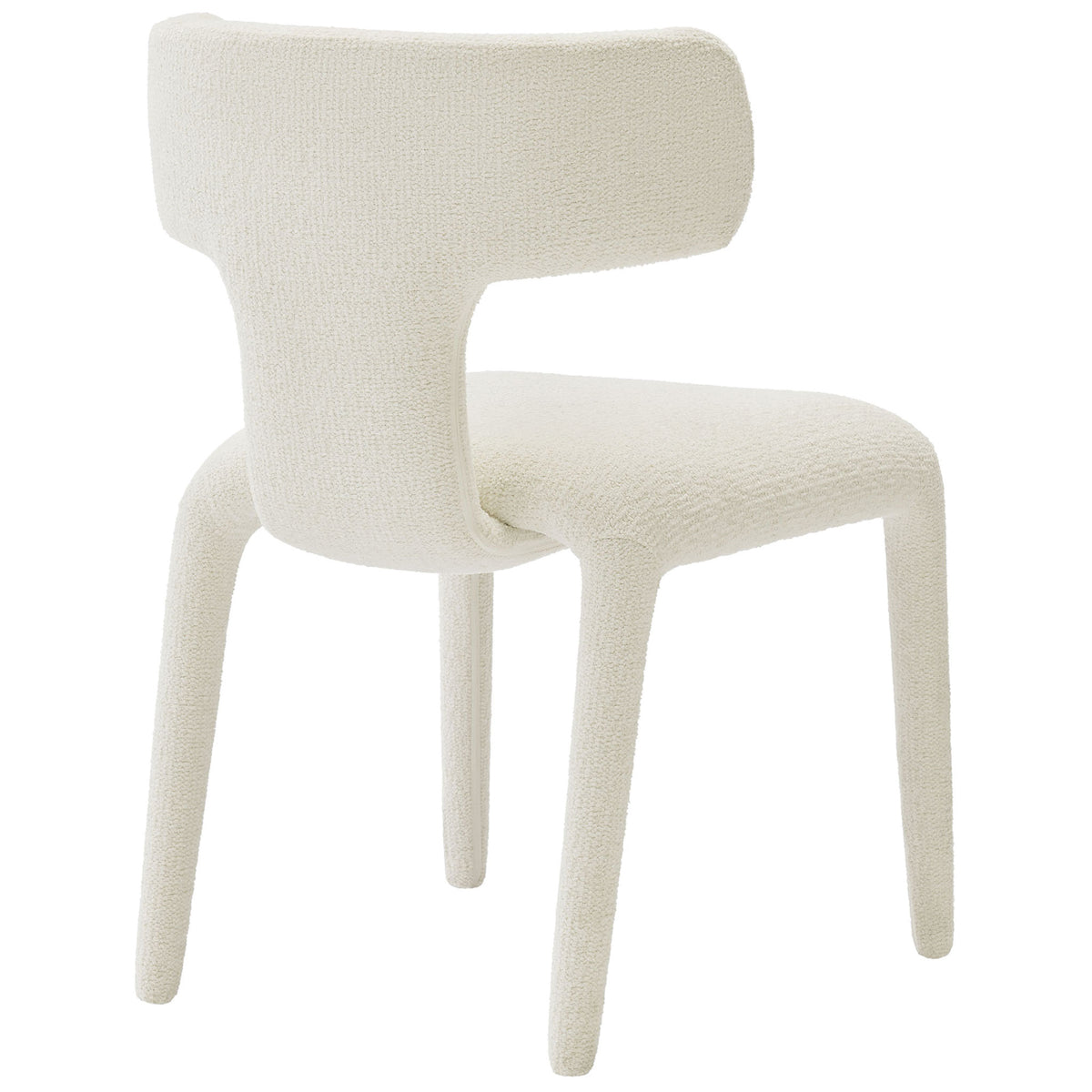 Cream boucle dining chair showcasing its open curved back and gently splayed upholstered legs || EEI-7230-CRE || back_angle_studio