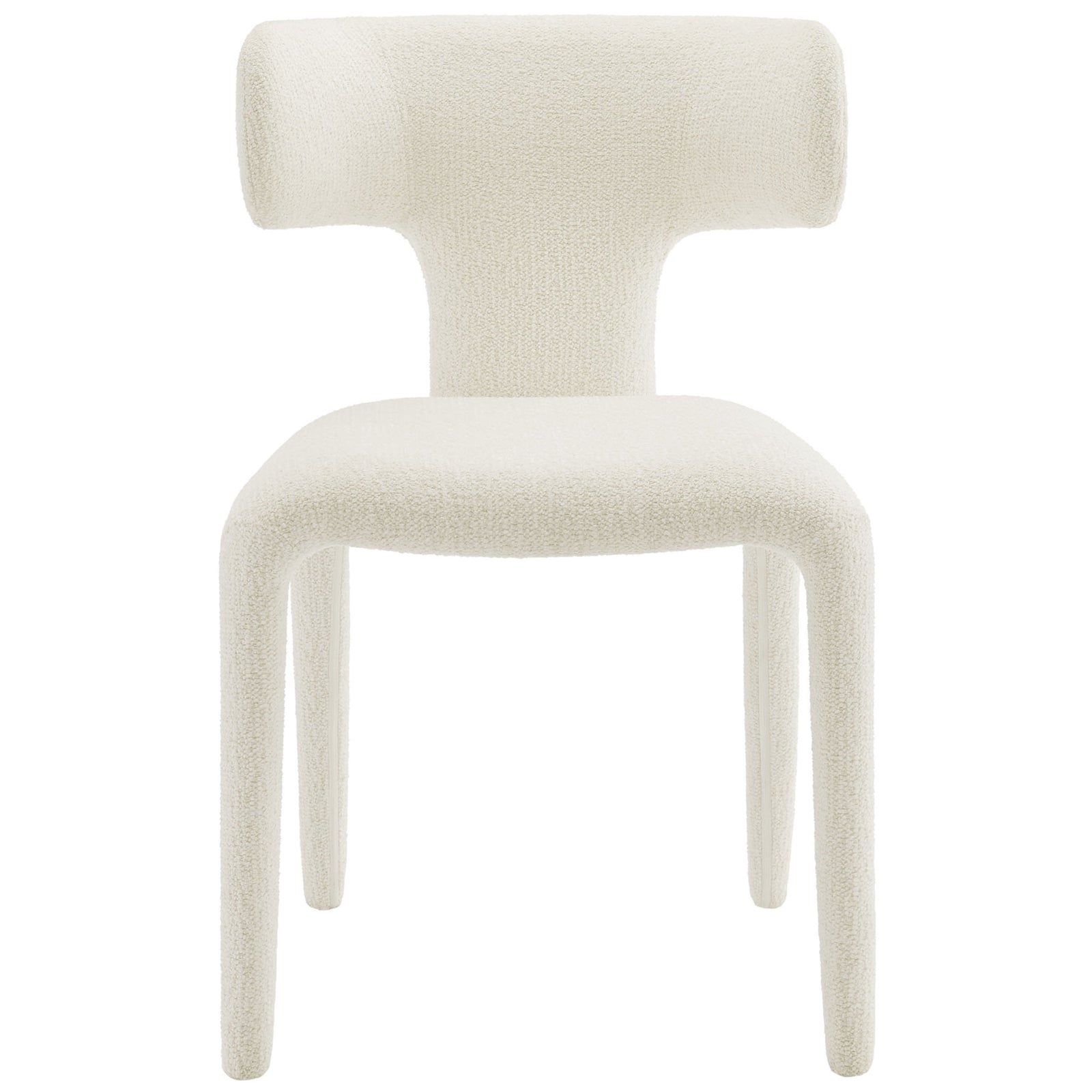 Cream boucle dining chair with sculpted wraparound back and fully upholstered legs || EEI-7230-CRE || front_studio