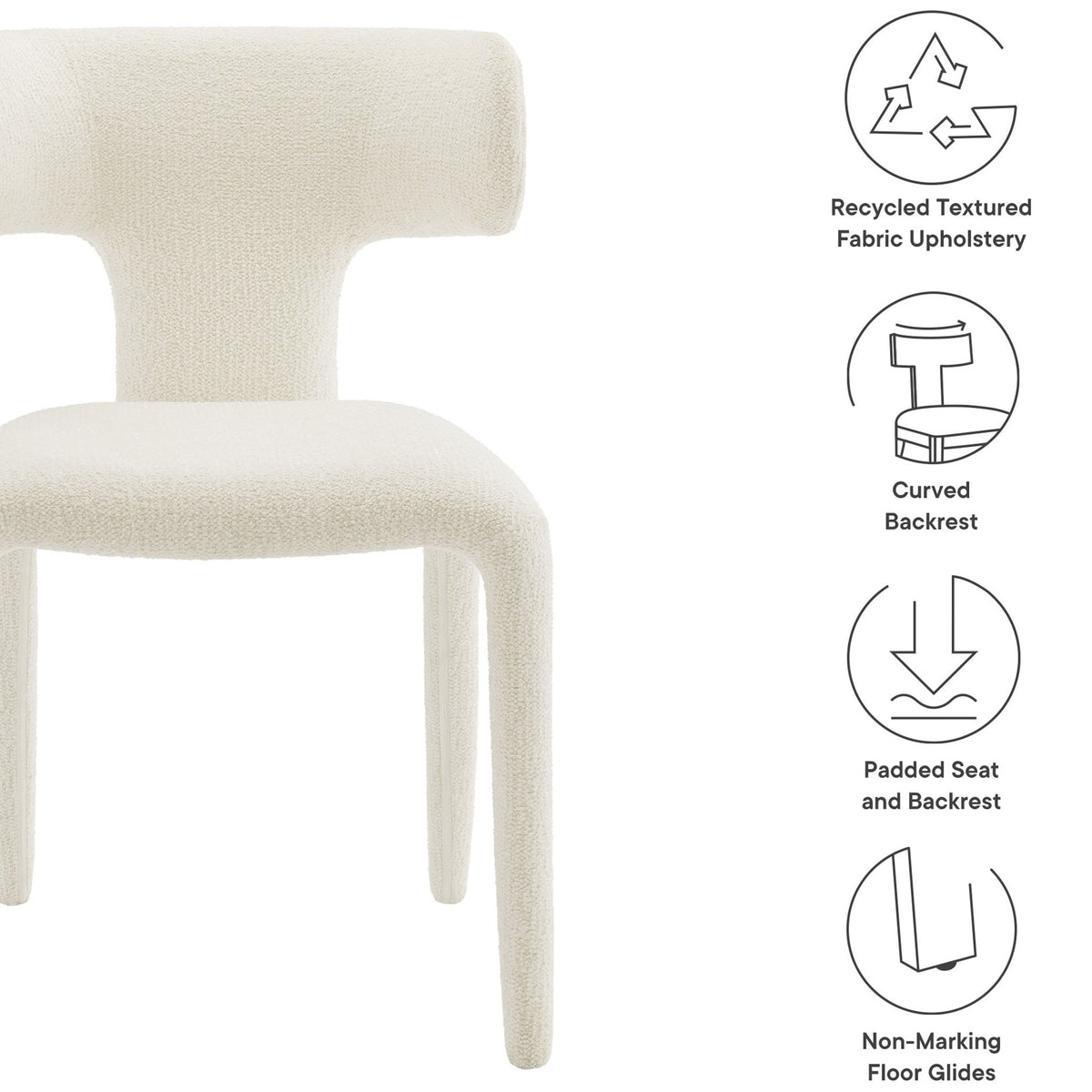 Cream boucle dining chair with icons noting recycled fabric, curved back, padding, and floor glides || EEI-7230-CRE || callout_studio