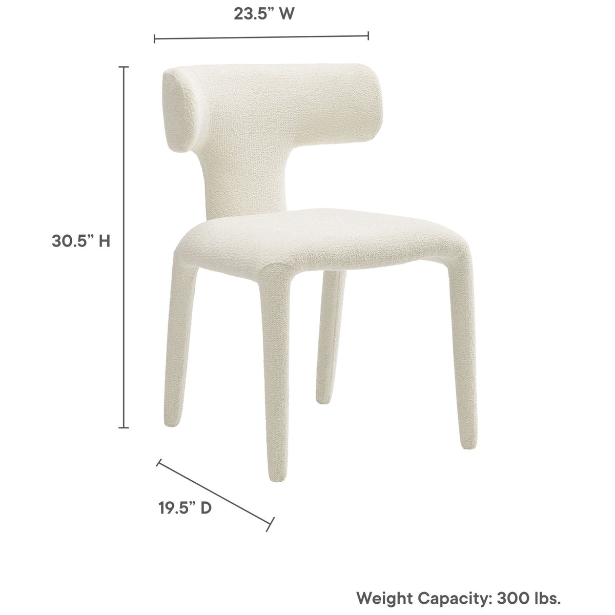 Cream boucle dining chair with illustrated height, width, and depth measurements plus 300 lb capacity || EEI-7230-CRE || dimension_studio