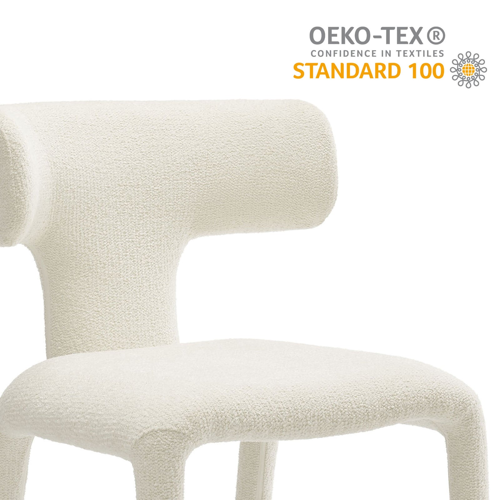 Cream boucle dining chair with OEKO-TEX Standard 100 badge for safe recycled boucle upholstery || EEI-7230-CRE || callout_studio