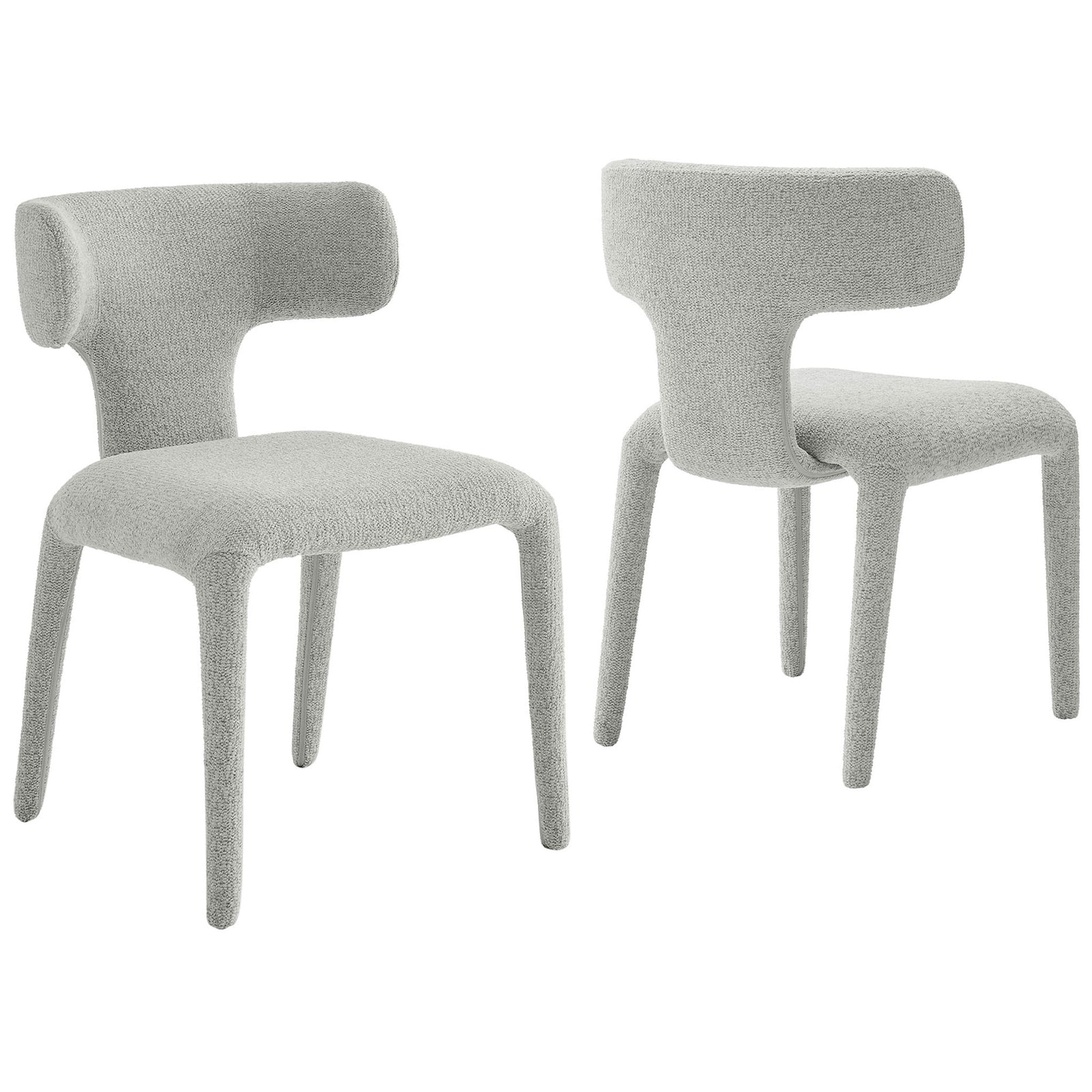 Pair of dove gray boucle dining chairs with curved wraparound backs and fully upholstered legs || EEI-7230-DOV || front_angle_multi_studio