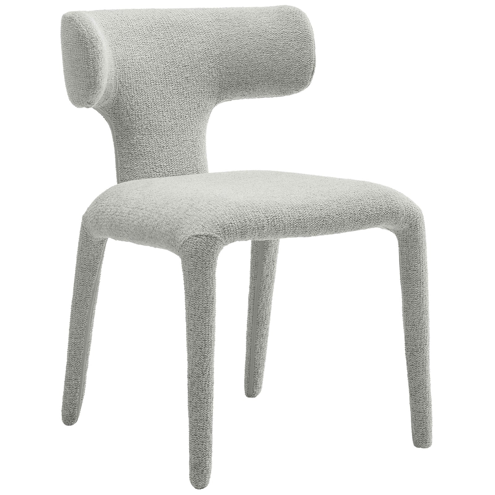 Curved boucle dining chair in soft dove gray with rounded backrest and slim fully padded legs || EEI-7230-DOV || front_angle_studio