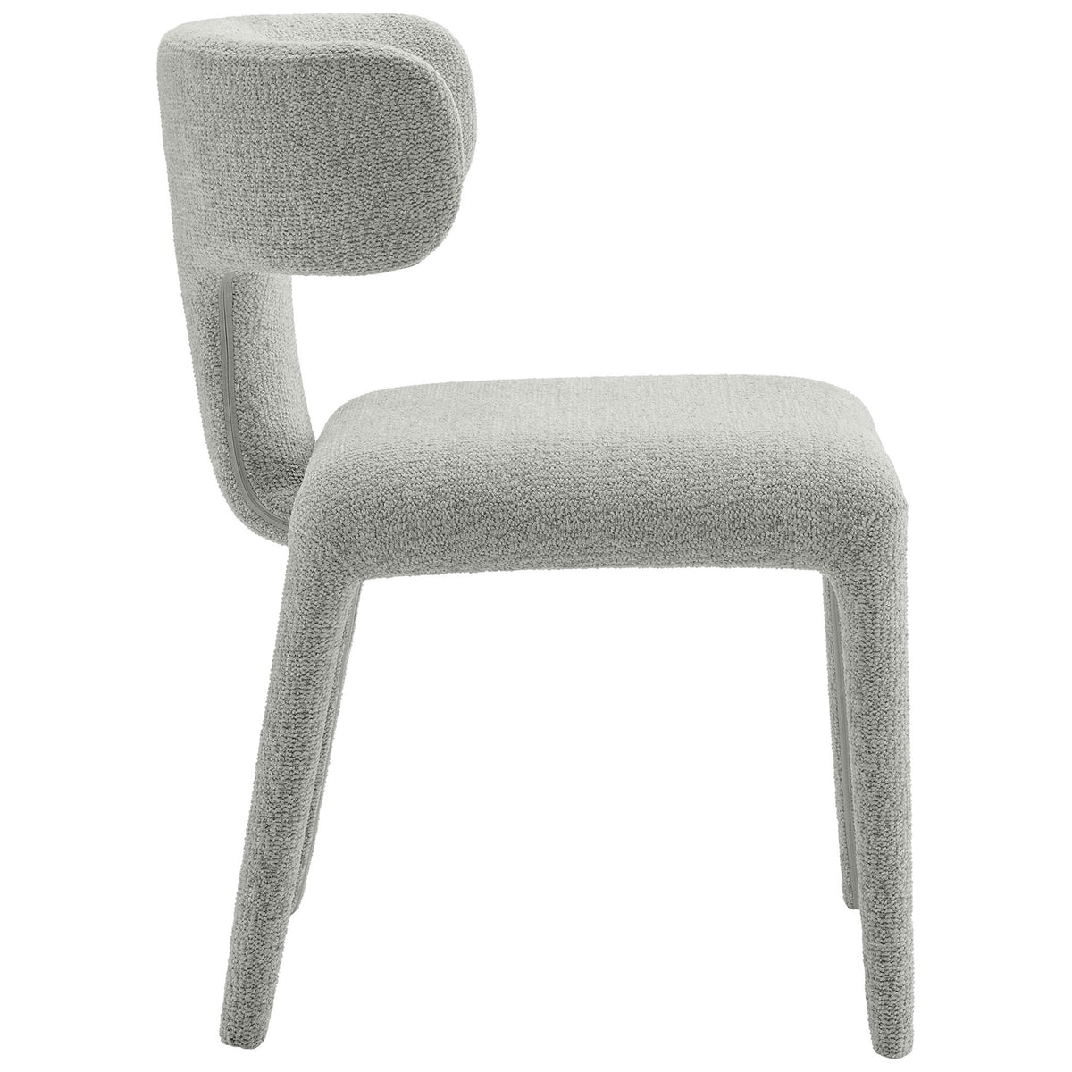 Modern boucle dining chair showcasing its wraparound back and gently reclined padded seat in dove gray || EEI-7230-DOV || side_studio