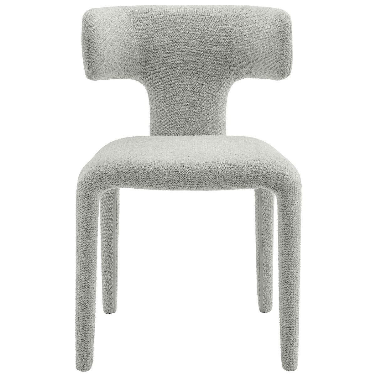 Sculptural curved back boucle dining chair in dove gray with fully upholstered legs and plush seat || EEI-7230-DOV || front_studio