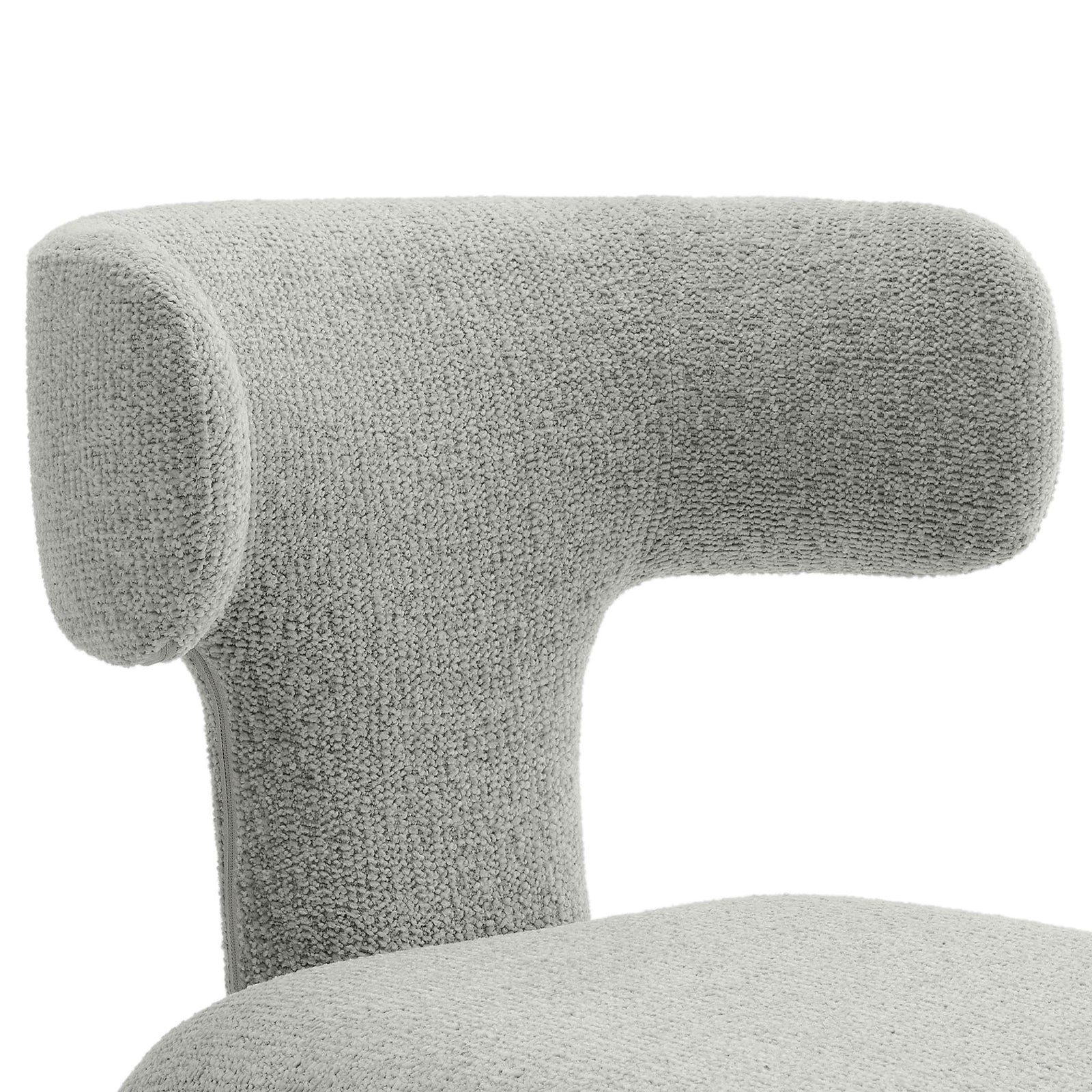 Textured dove gray boucle upholstery accenting the plush curved backrest and smooth seamless padding || EEI-7230-DOV || detail_studio