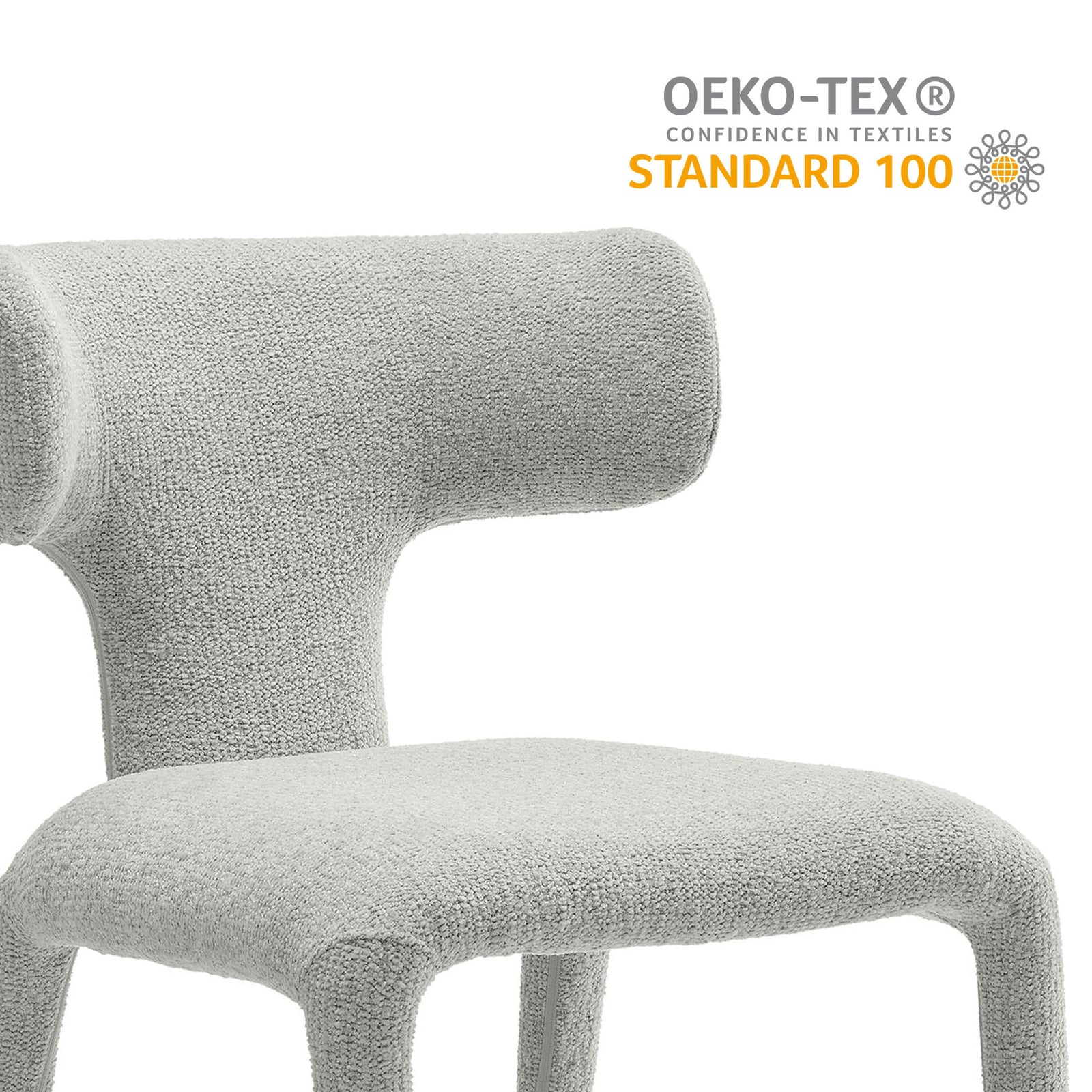 Dove gray boucle dining chair with OEKO TEX Standard 100 graphic emphasizing safe certified upholstery || EEI-7230-DOV || callout_studio