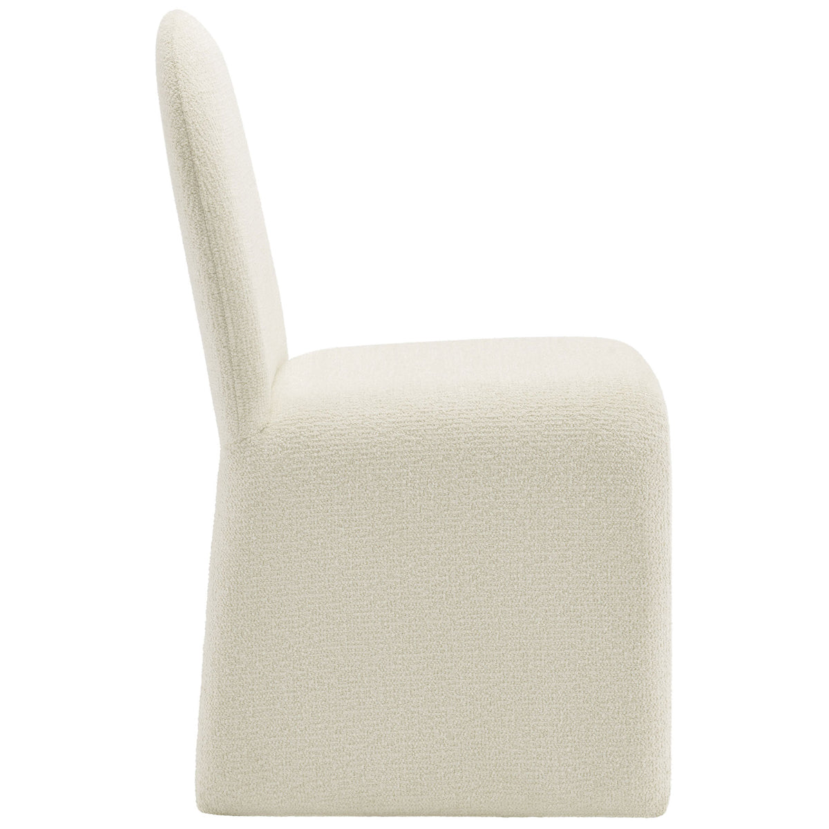 Side profile of cream boucle dining chair with thick cushioned seat and smooth minimal lines || EEI-7231-CRE || side_studio
