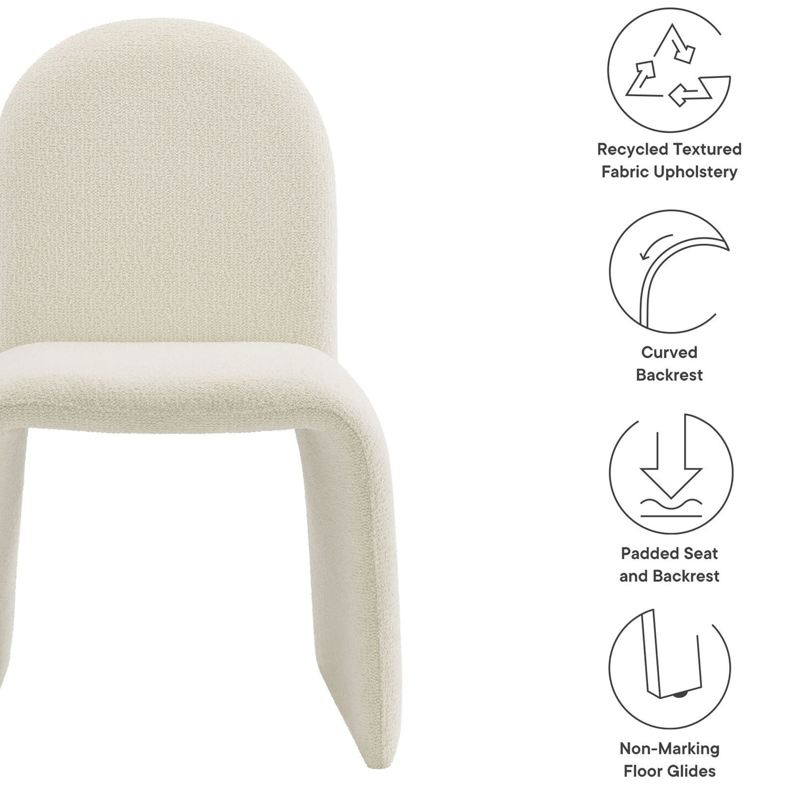 Cream boucle dining chair with arching back shown beside icons for comfort and recycled upholstery || EEI-7231-CRE || callout_studio