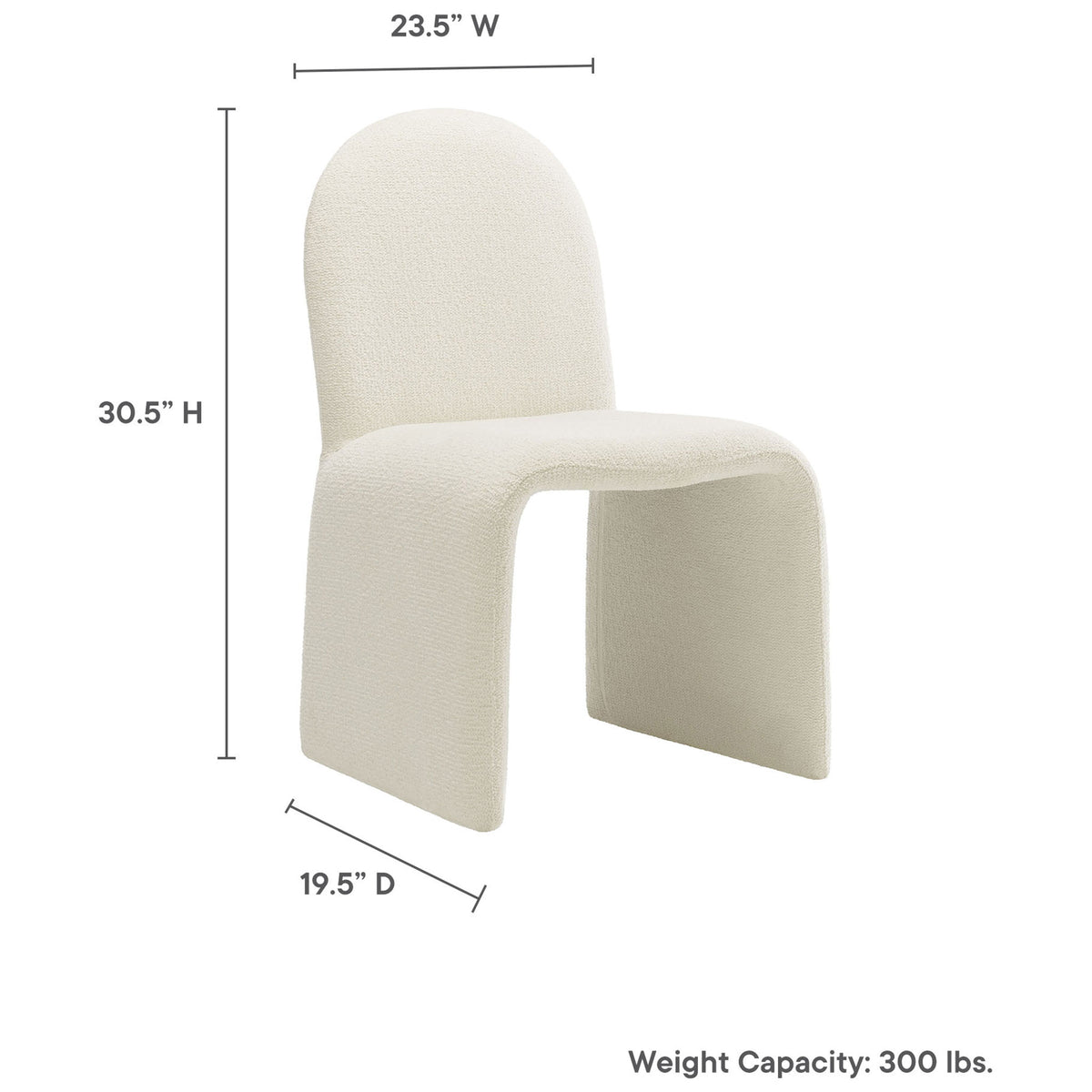 Dimension view of cream boucle dining chair detailing width depth height and 300 pound weight capacity || EEI-7231-CRE || dimension_studio
