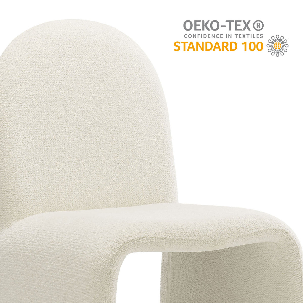 Detail of cream boucle chair seat and back with OEKO TEX Standard 100 certification graphic || EEI-7231-CRE || callout_studio