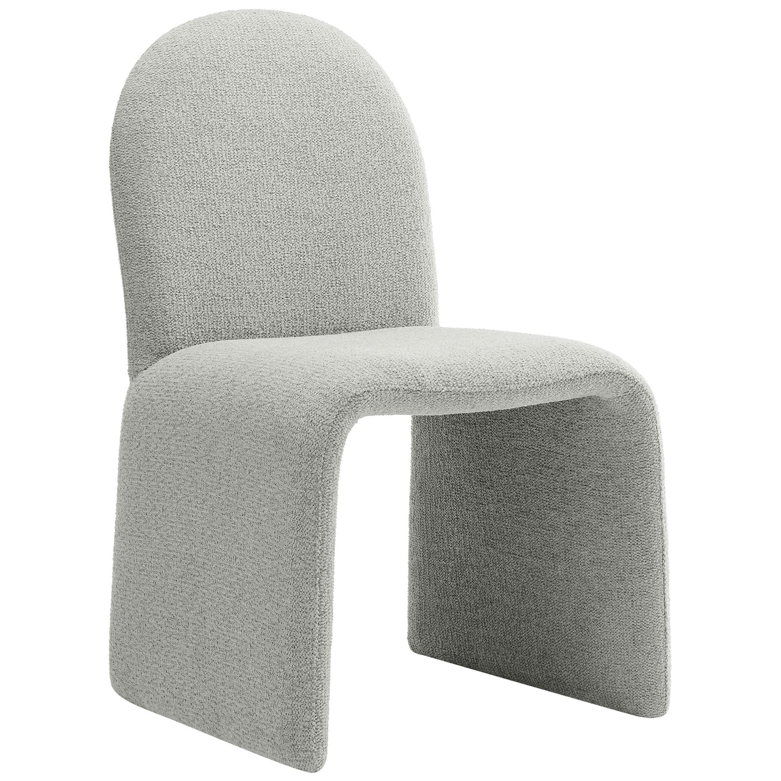 Dove gray boucle armless dining chair with sculpted arch back and waterfall seat || EEI-7231-DOV || front_angle_studio