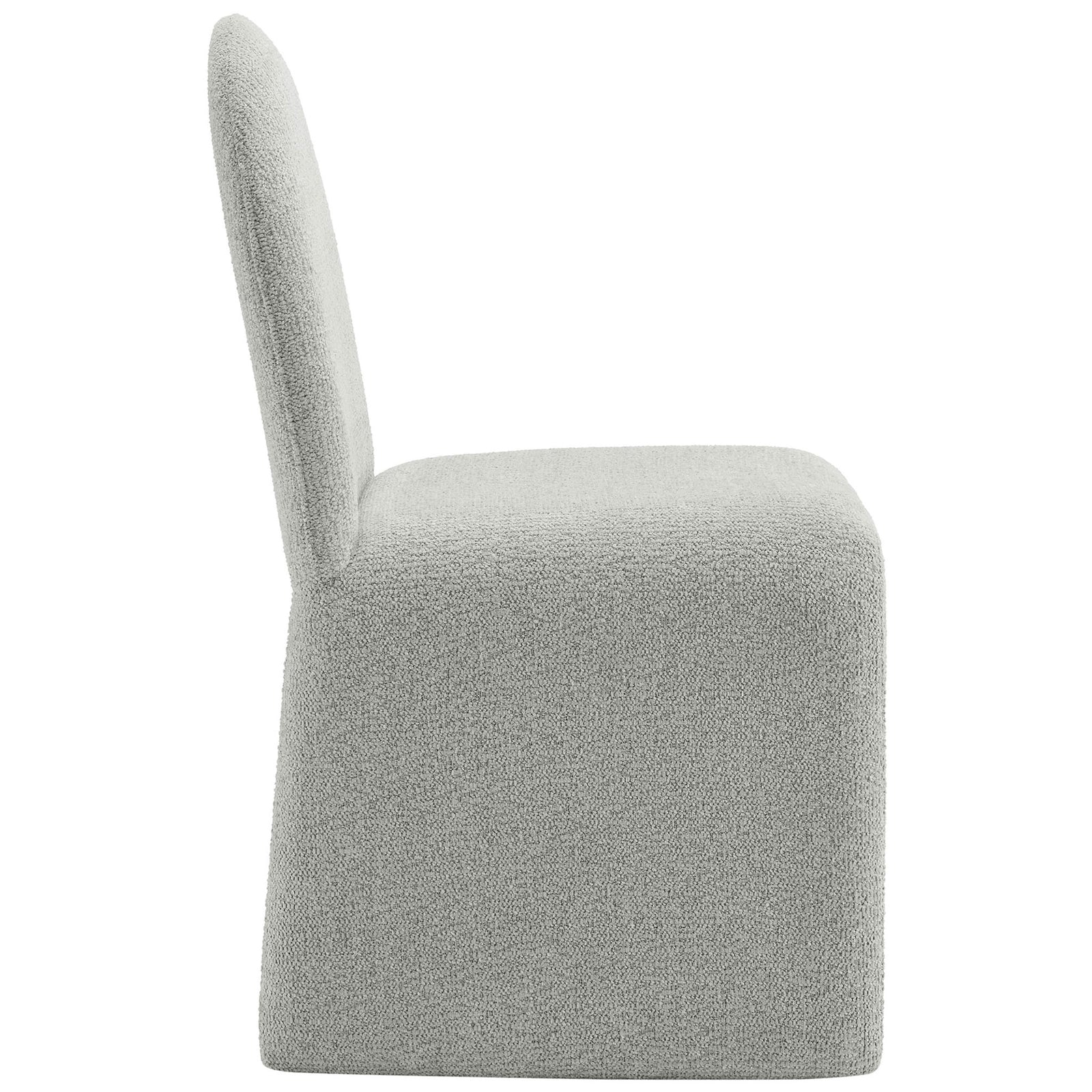 Fully upholstered dove gray boucle dining chair with thick padded seat and curved back || EEI-7231-DOV || side_studio