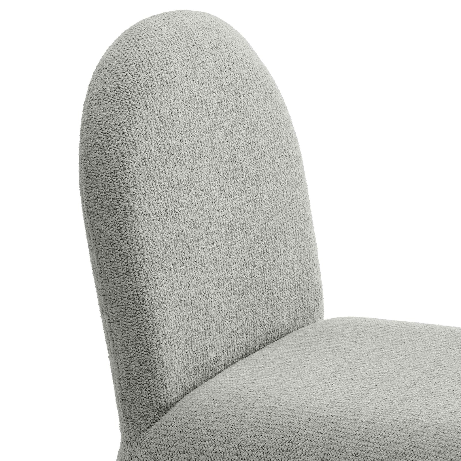 Soft textured boucle upholstery in dove gray highlighting the plush curved back and seat || EEI-7231-DOV || detail_studio