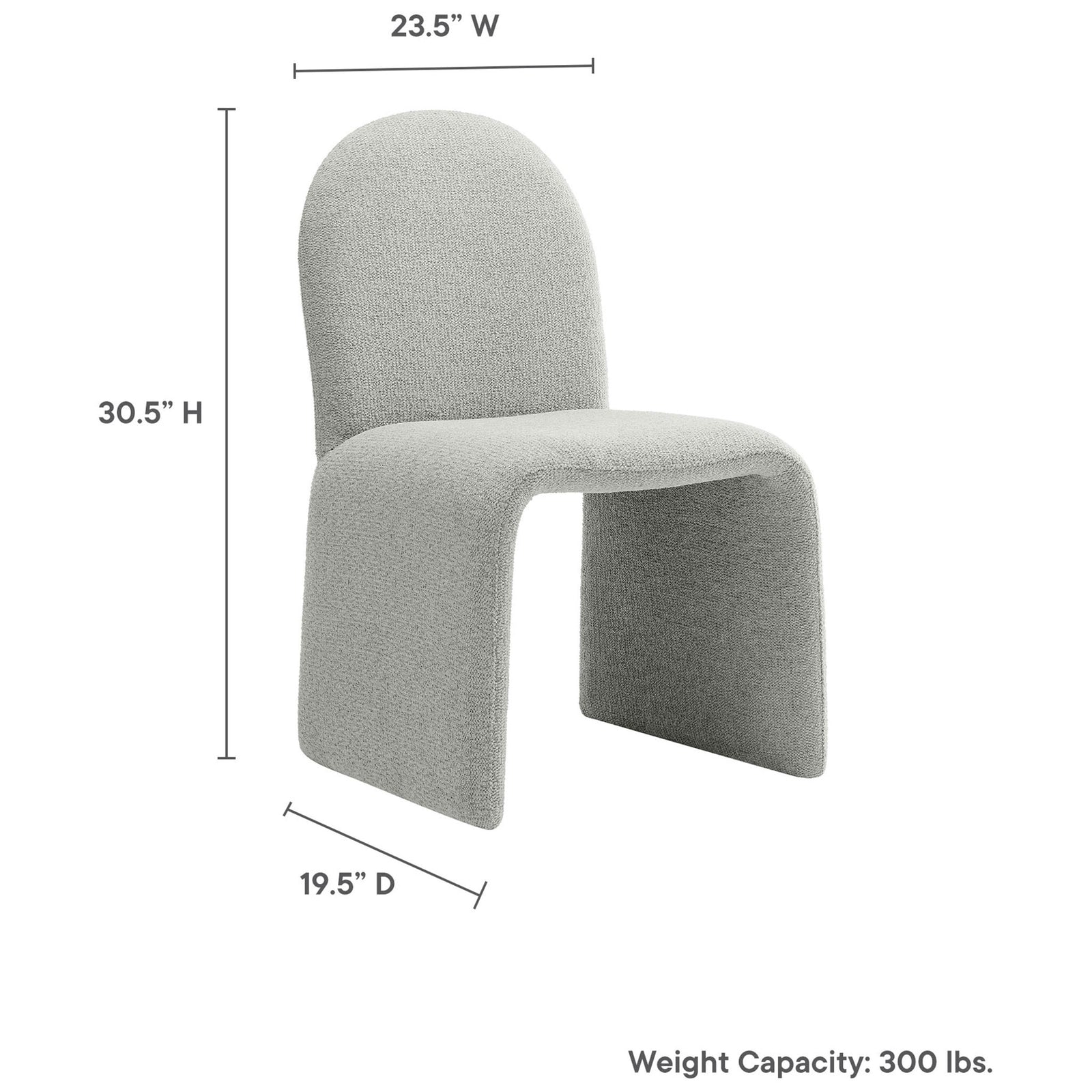 Dove gray boucle dining chair with arch back and printed dimensions and 300 pound weight capacity || EEI-7231-DOV || dimension_studio