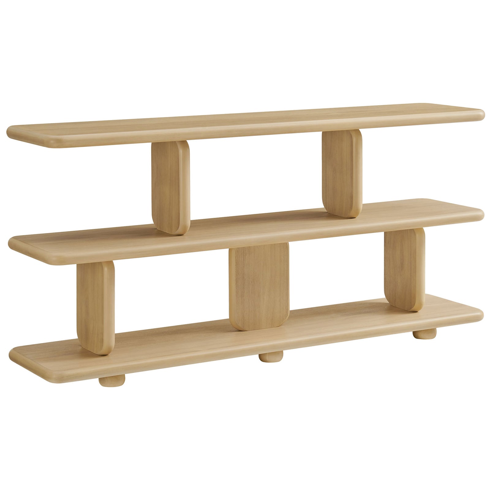 Bold, low-profile display shelf with organic curves and stacked supports in a natural tone || EEI-7232-NAT || front_angle_studio