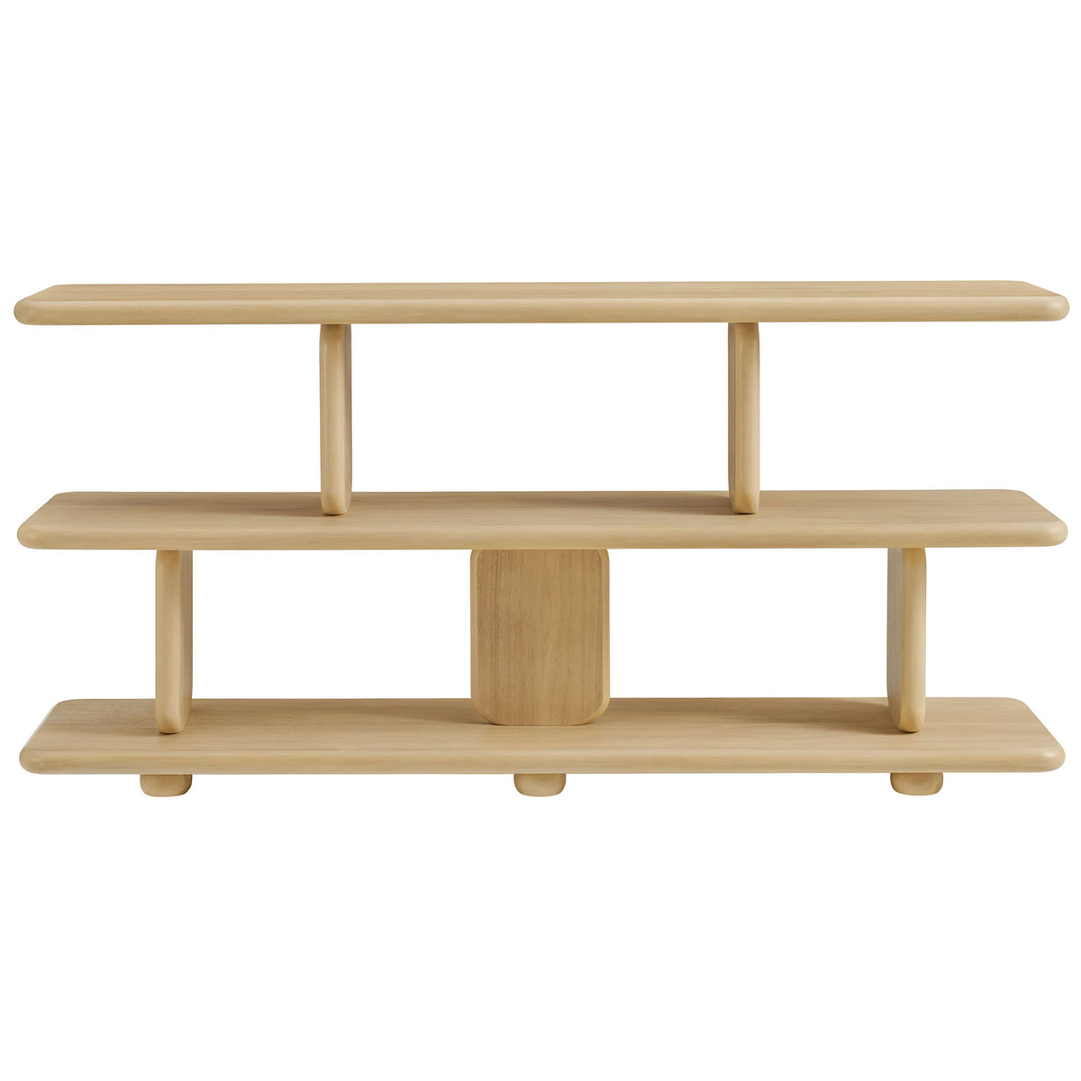 Sculptural two-tier bookshelf with smooth rounded edges and a natural wood grain finish || EEI-7232-NAT || front_studio