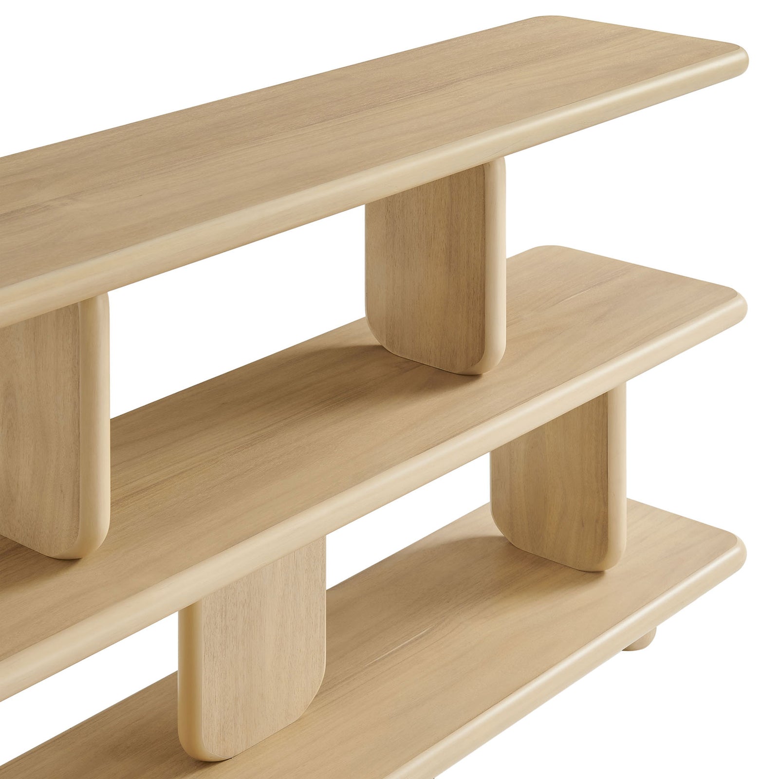 Smooth bullnose edges and thick shelves highlight the artisan look of this modern bookcase || EEI-7232-NAT || detail_studio