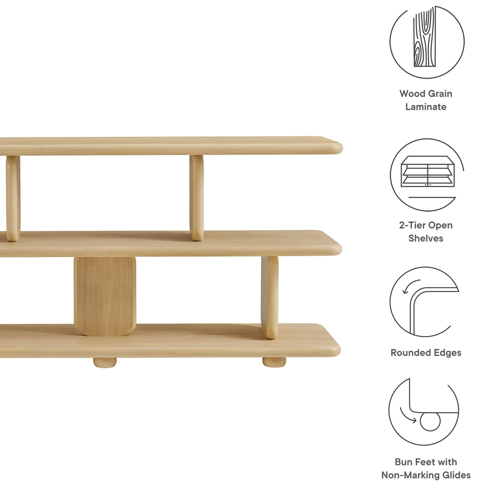 Modern bookshelf with wood-grain veneer, rounded edges, and bun feet with non-marking glides || EEI-7232-NAT || callout_studio