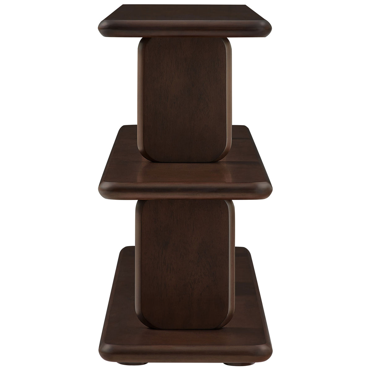Slim profile highlights the thick shelves and curved supports in a rich walnut finish || EEI-7232-WAL || side_studio