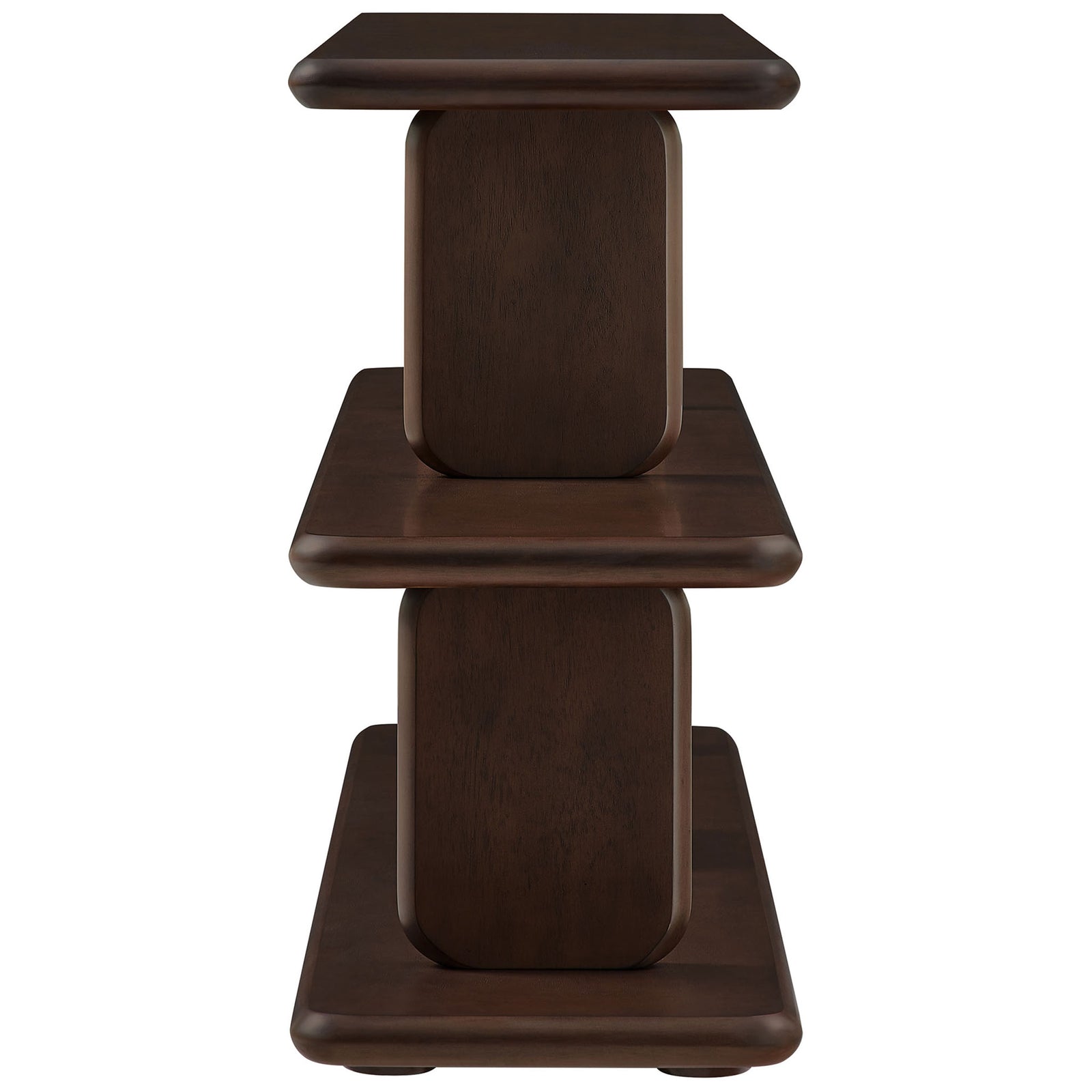 Slim profile highlights the thick shelves and curved supports in a rich walnut finish || EEI-7232-WAL || side_studio