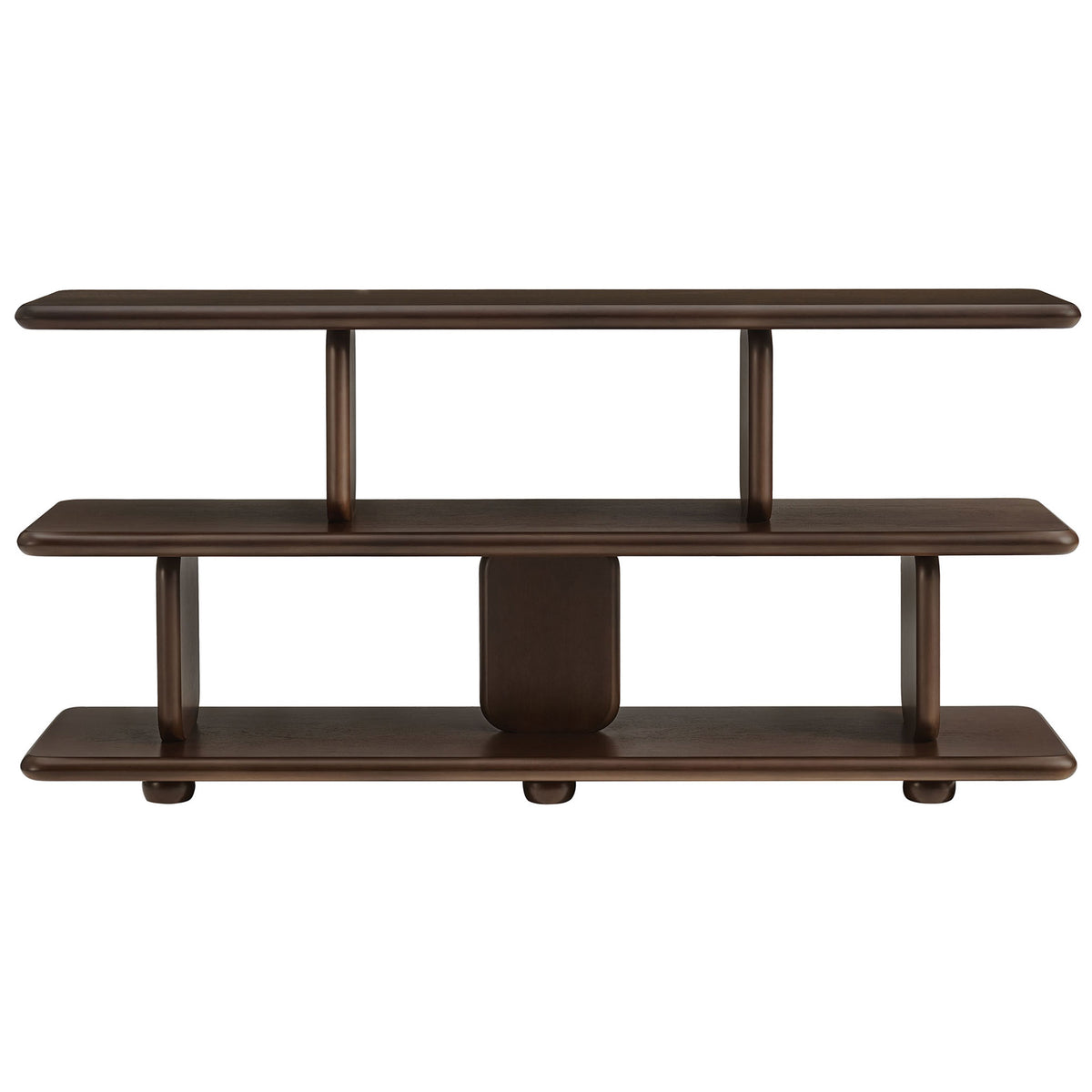 Sculptural walnut 2-tier bookshelf with rounded corners and smooth bullnose shelves || EEI-7232-WAL || front_studio