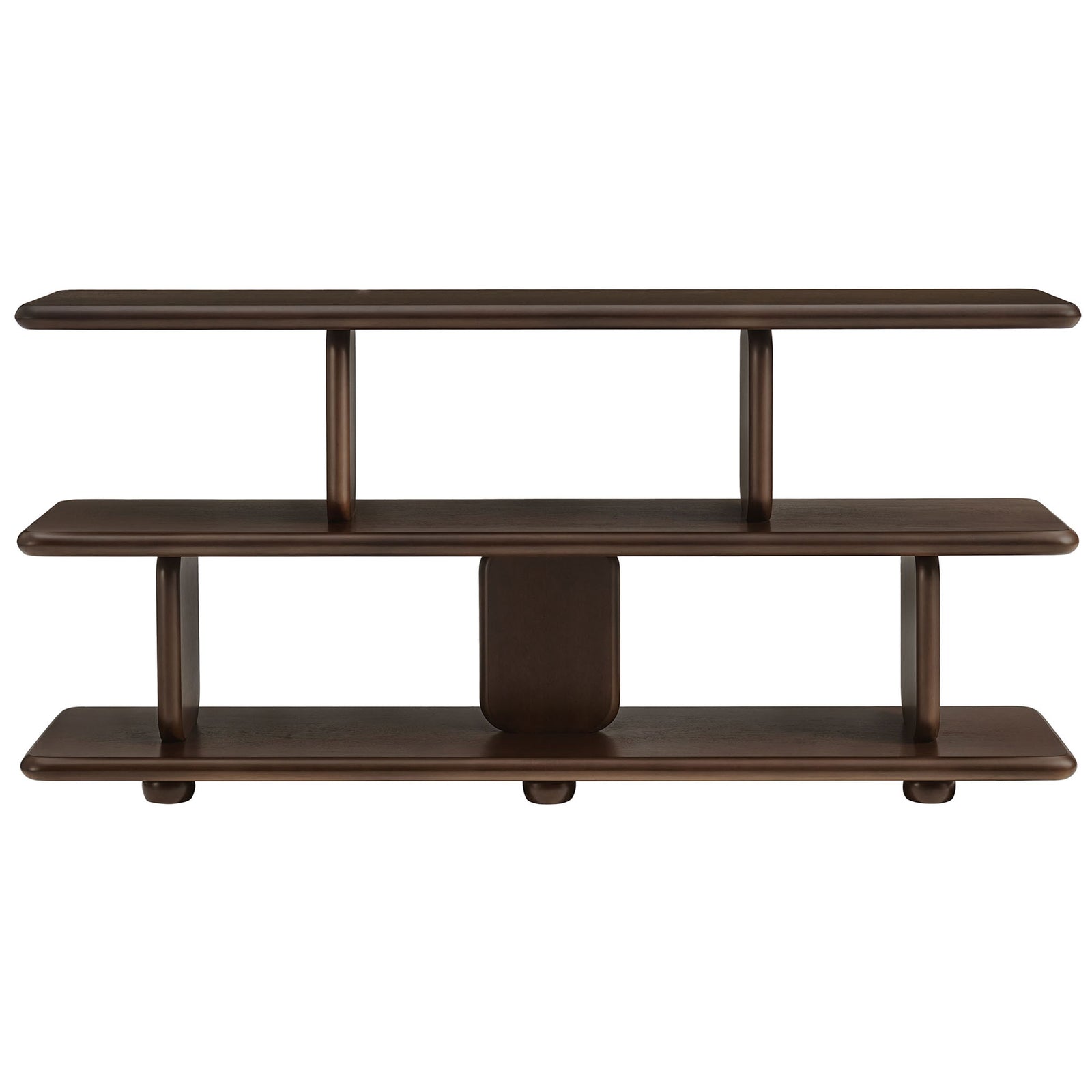 Sculptural walnut 2-tier bookshelf with rounded corners and smooth bullnose shelves || EEI-7232-WAL || front_studio