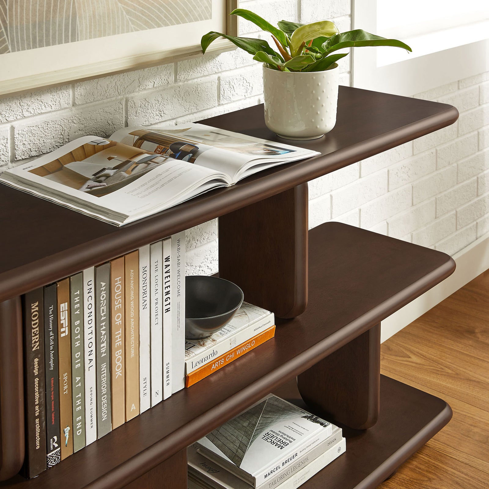 Styled shelves display books and decor, showcasing the rounded supports and deep walnut tone || EEI-7232-WAL || detail_room