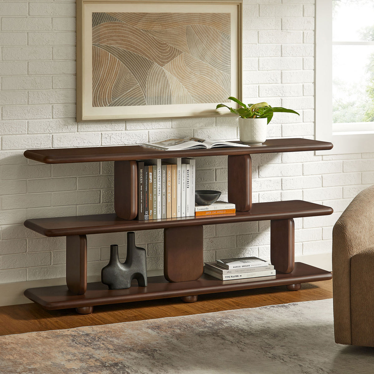 Modern walnut bookshelf styled for books, decor, and collectibles without overwhelming your space || EEI-7232-WAL || front_angle_room