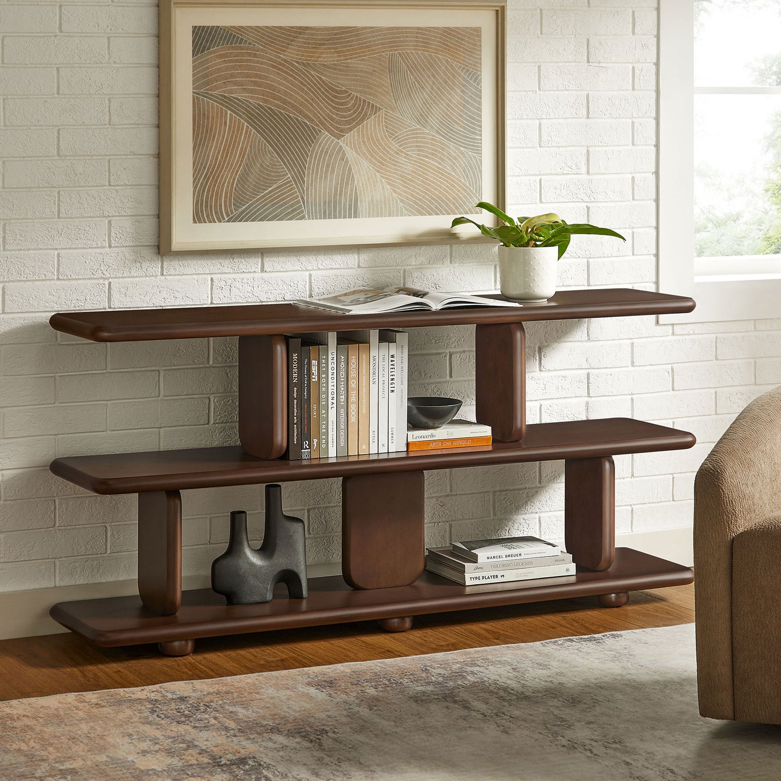 Modern walnut bookshelf styled for books, decor, and collectibles without overwhelming your space || EEI-7232-WAL || front_angle_room
