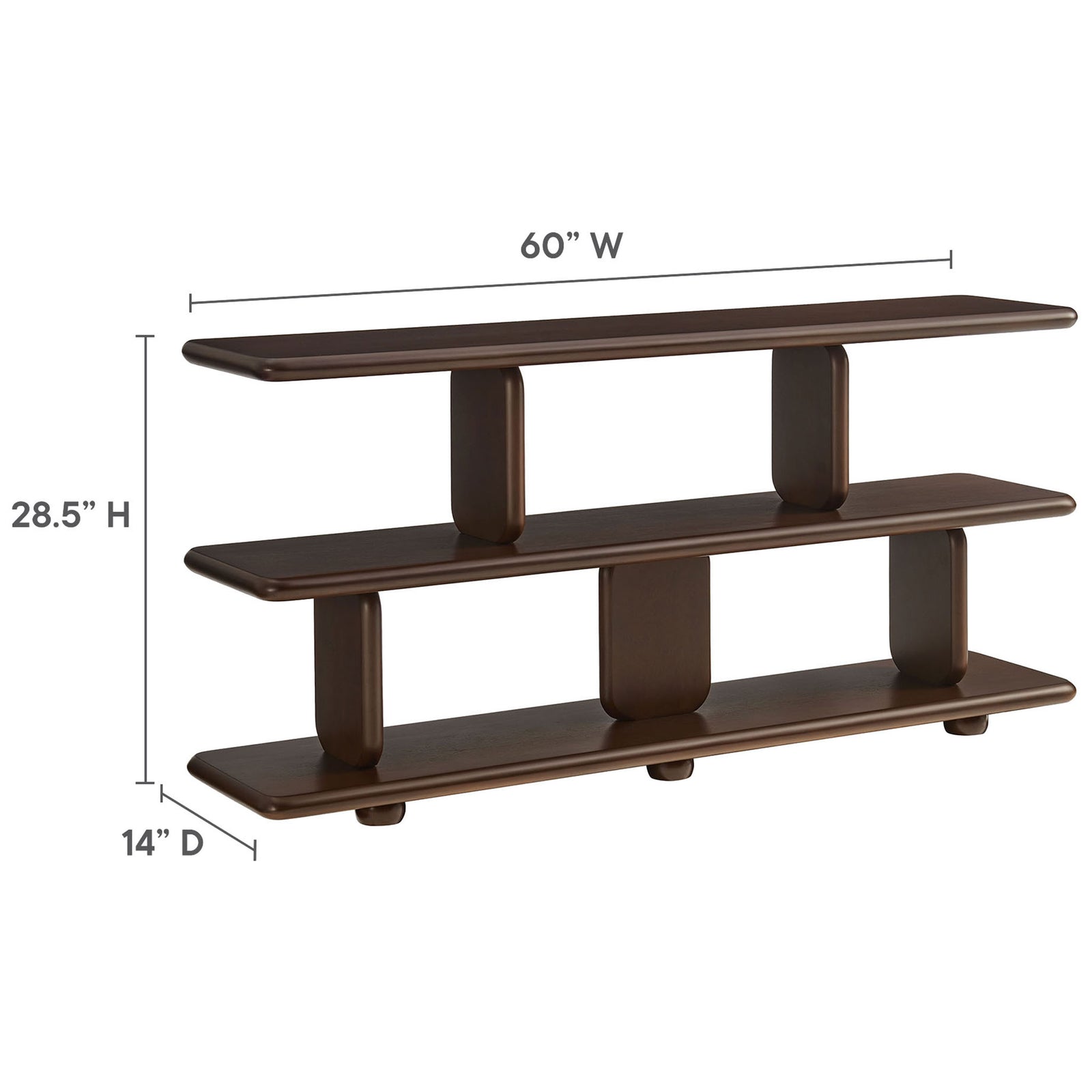 Dimensions for the Lyle 2-tier bookshelf: 60 in. W x 14 in. D x 28.5 in. H || EEI-7232-WAL || dimension_studio