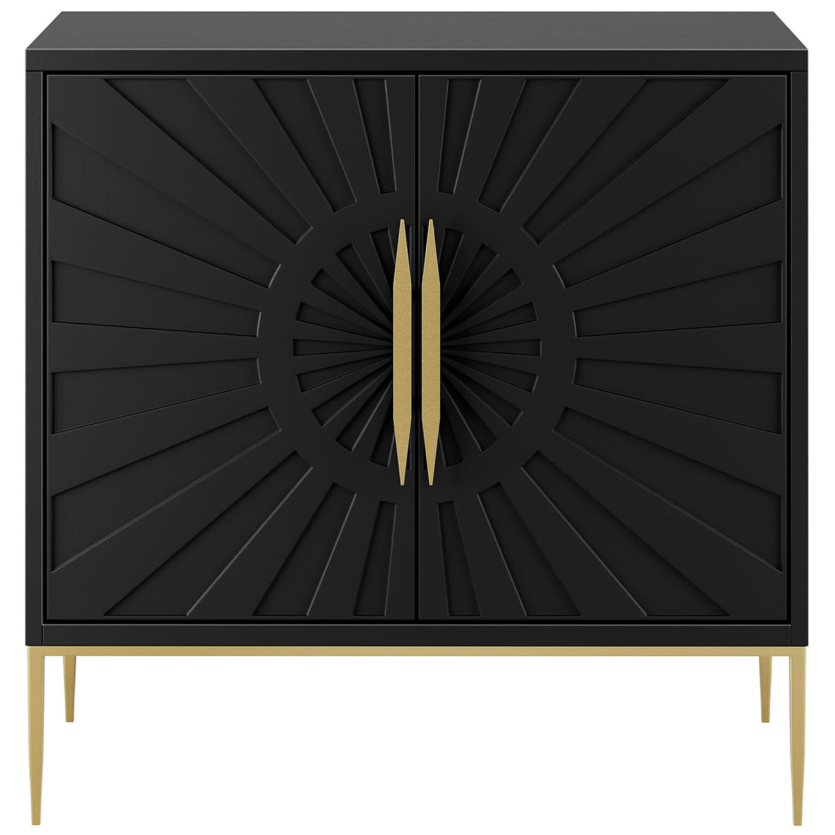 Black accent cabinet with bold sunburst door pattern and elongated gold handles. || EEI-7233-BLK || front_studio