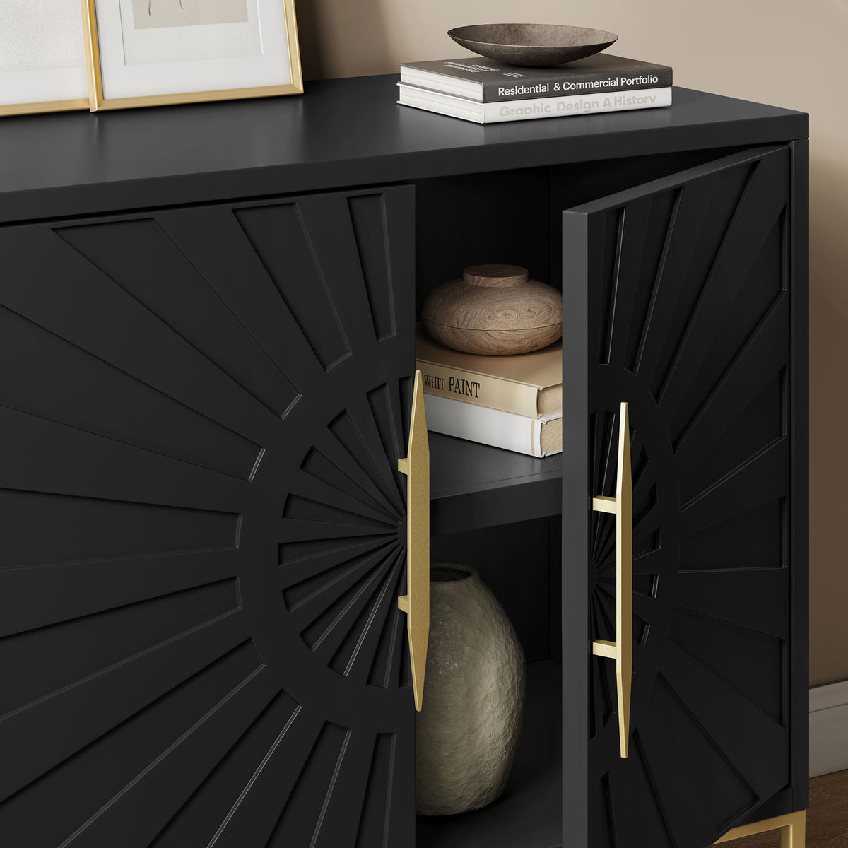 Black accent cabinet styled with vases and decor, showing open shelving for display and storage. || EEI-7233-BLK || storage_open_room